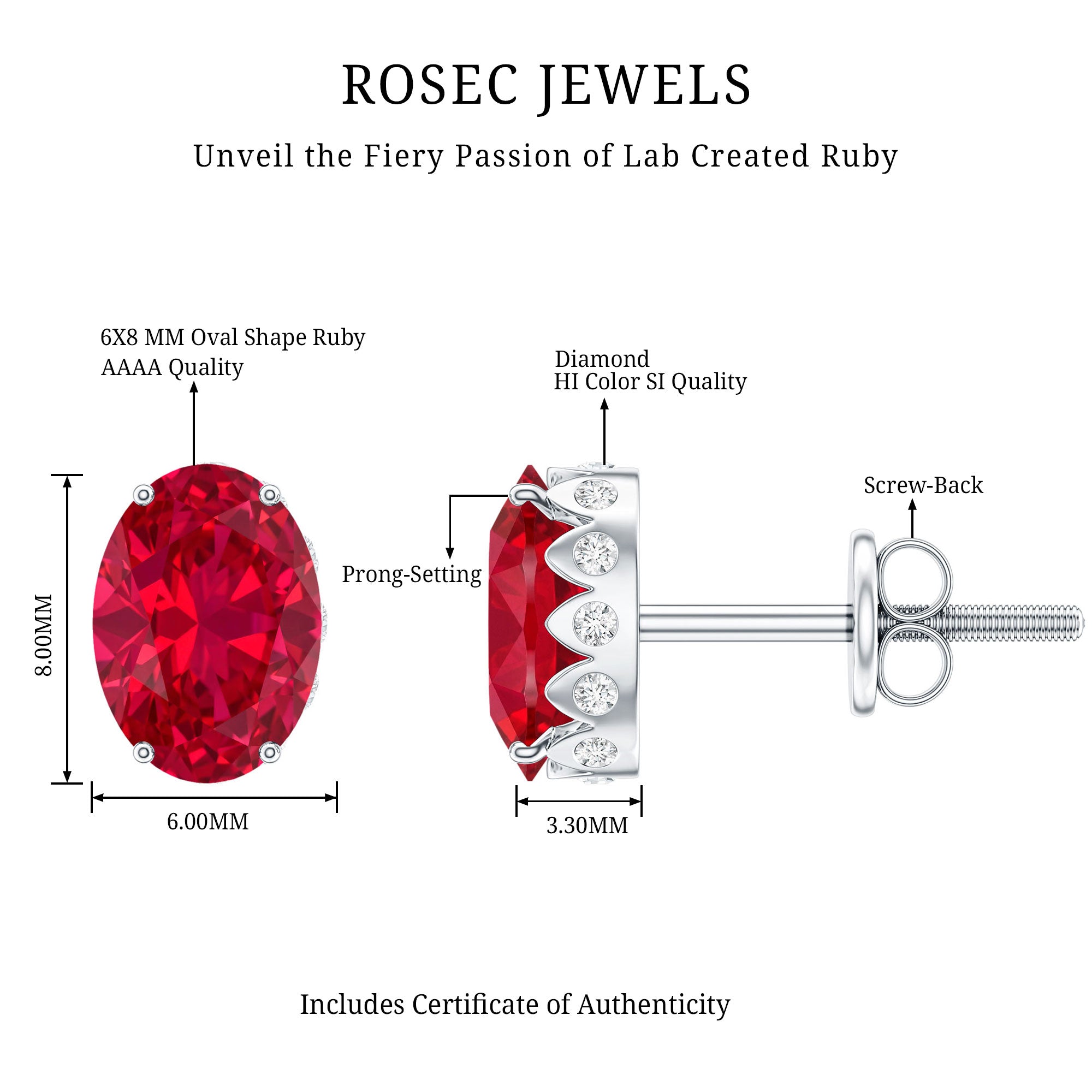 3 CT Oval Lab-Created Ruby Bridal Stud Earrings with Diamond AAAA - Rosec Jewels