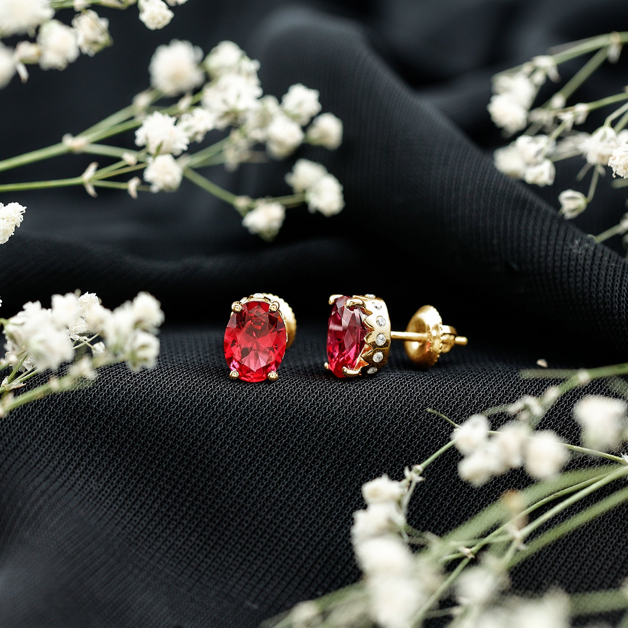 3 CT Oval Lab-Created Ruby Bridal Stud Earrings with Diamond AAAA - Rosec Jewels