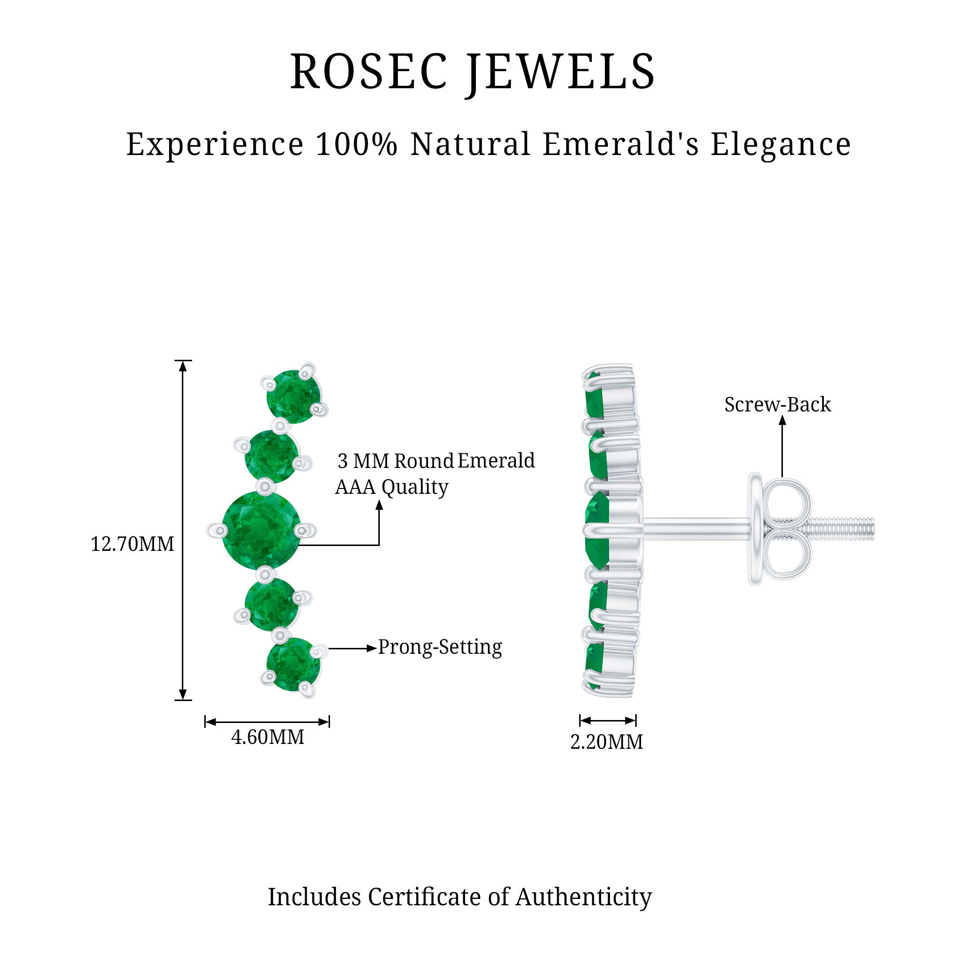 Graduated Natural Emerald Ear Climber Earrings for Women AAA - Rosec Jewels