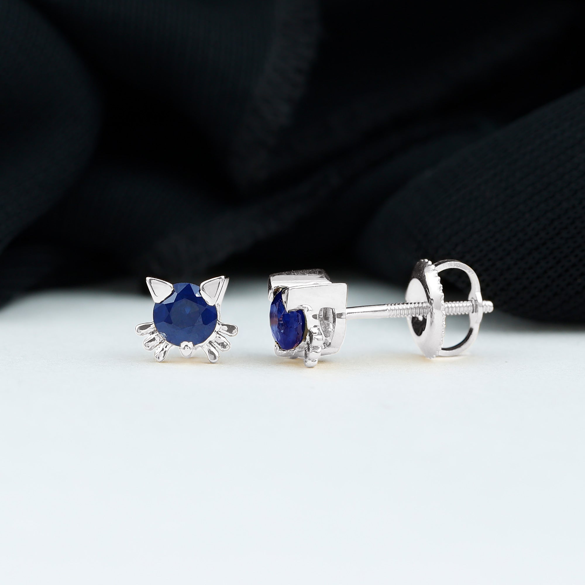 Natural 0.8 Carat Blue Sapphire Cat Stud Earrings for Women AAA - Rosec Jewels