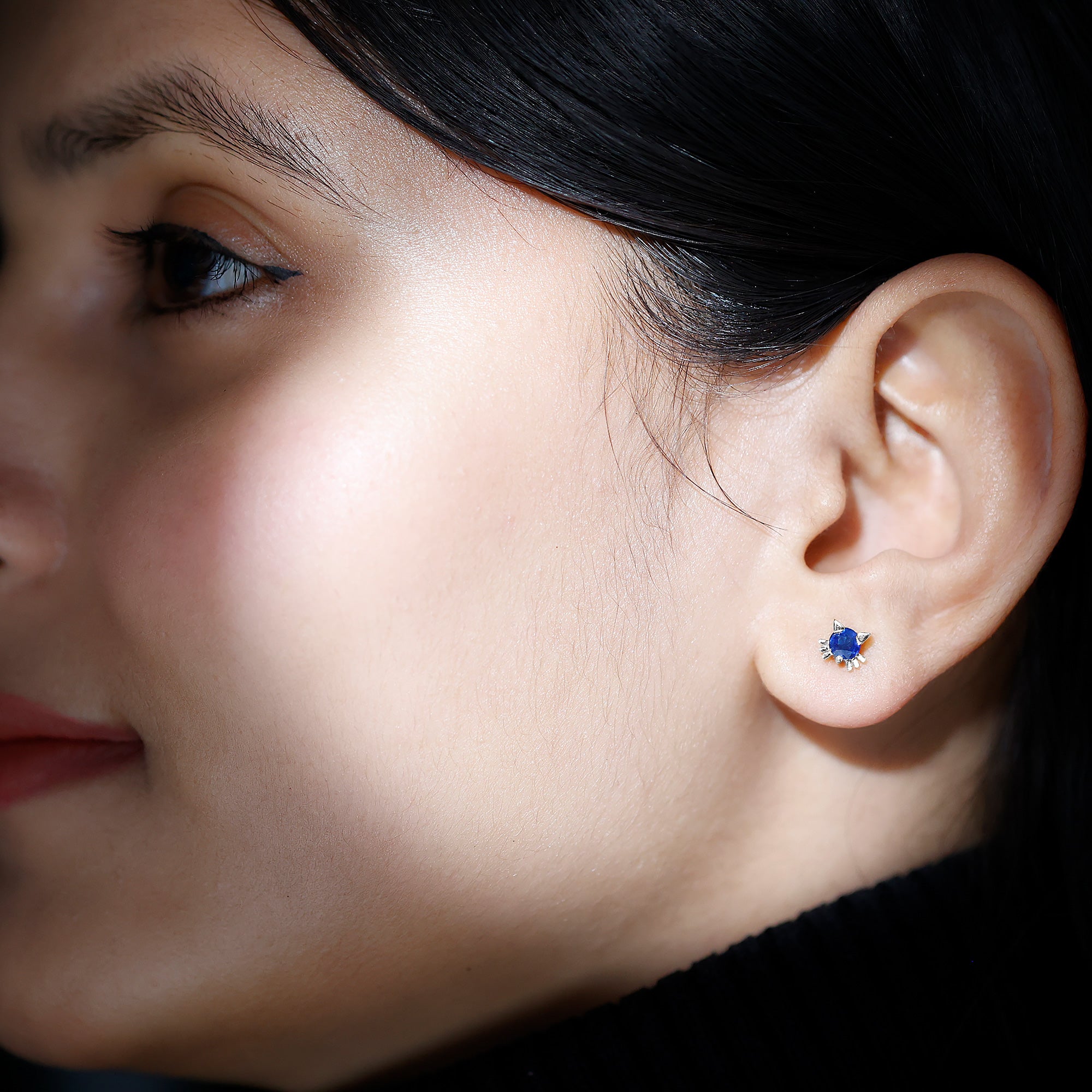 Natural 0.8 Carat Blue Sapphire Cat Stud Earrings for Women AAA - Rosec Jewels