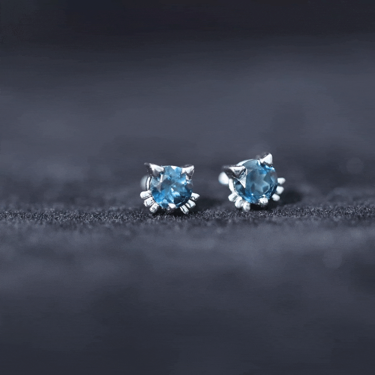 1 CT Round Shape London Blue Topaz Cat Stud Earrings AAA - Rosec Jewels