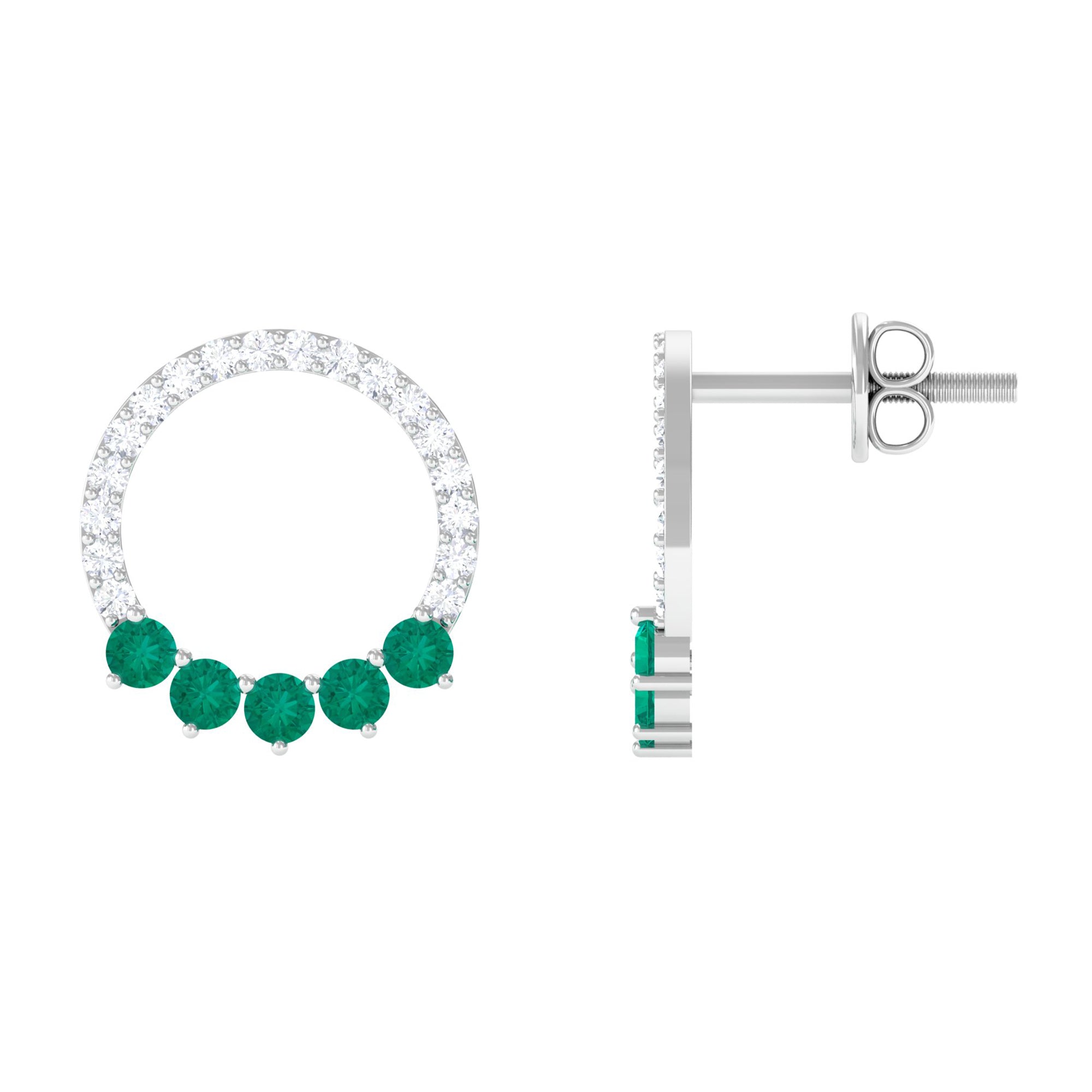 Open Circle Stud Earrings with Emerald and Diamond AAA - Rosec Jewels