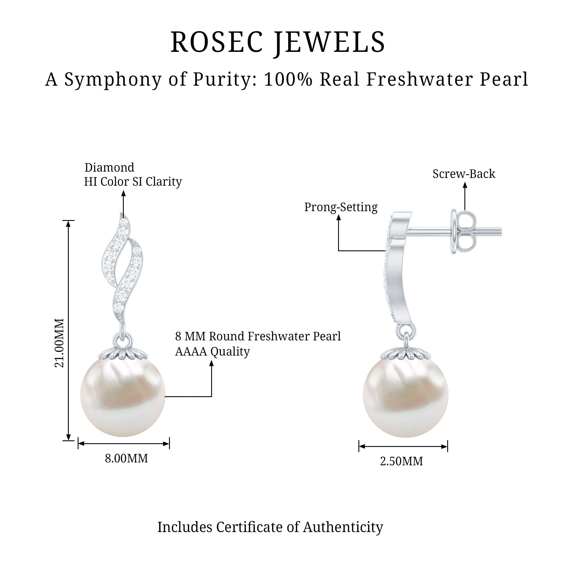8MM Freshwater Pearl Drop Earrings with Diamond Accents AAA - Rosec Jewels