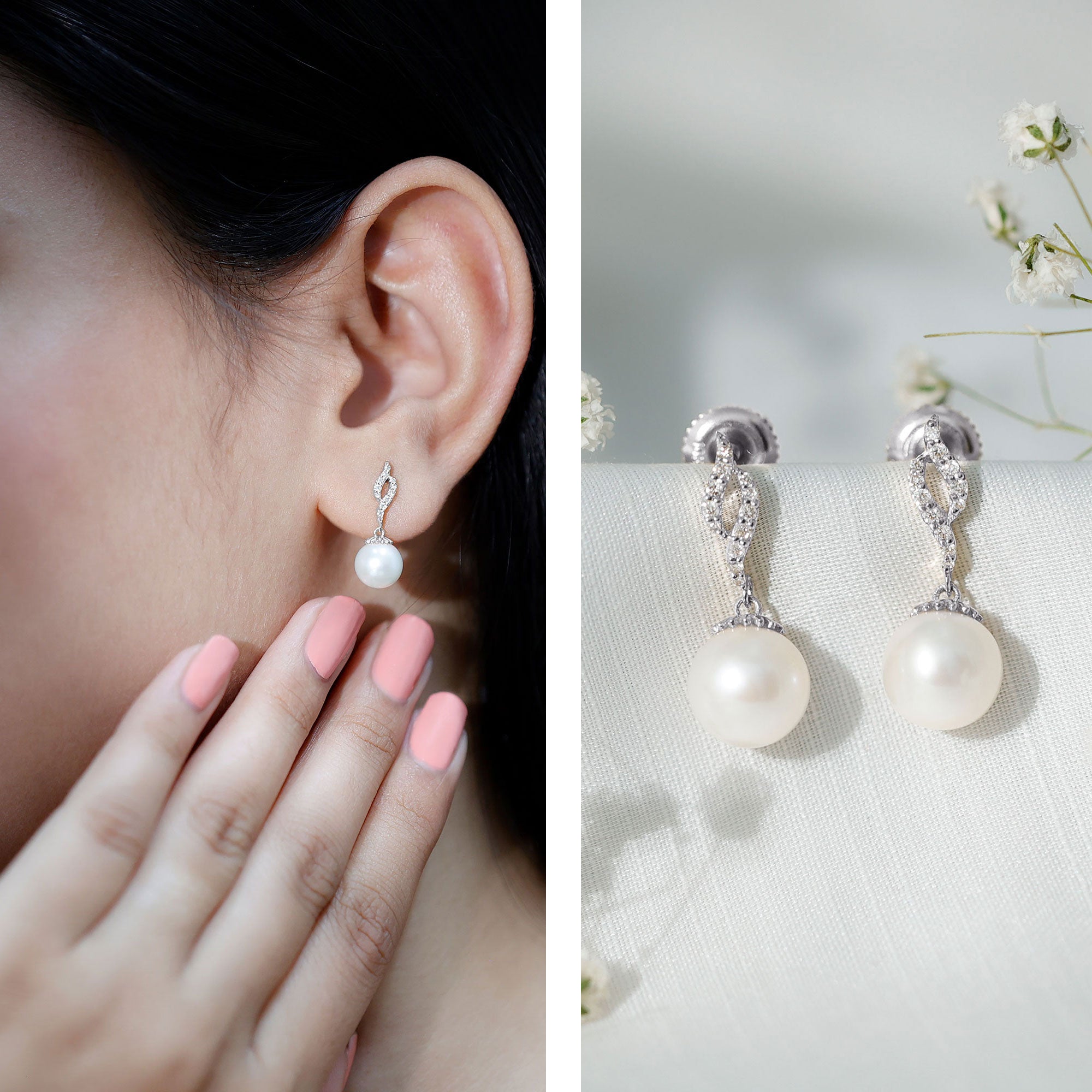 8MM Freshwater Pearl Drop Earrings with Diamond Accents AAA - Rosec Jewels