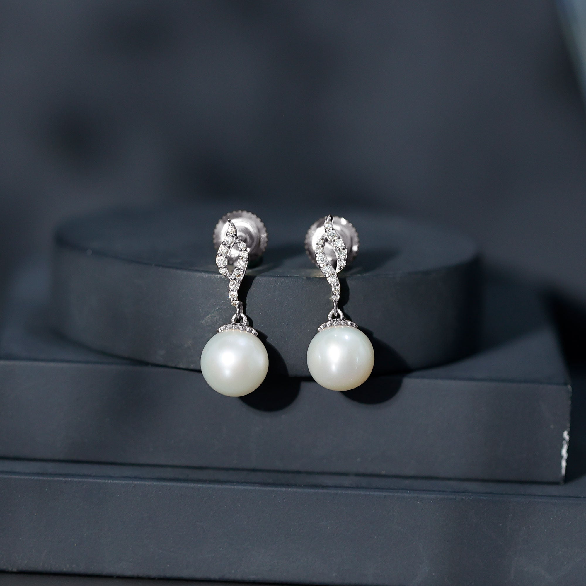 8MM Freshwater Pearl Drop Earrings with Diamond Accents AAA - Rosec Jewels