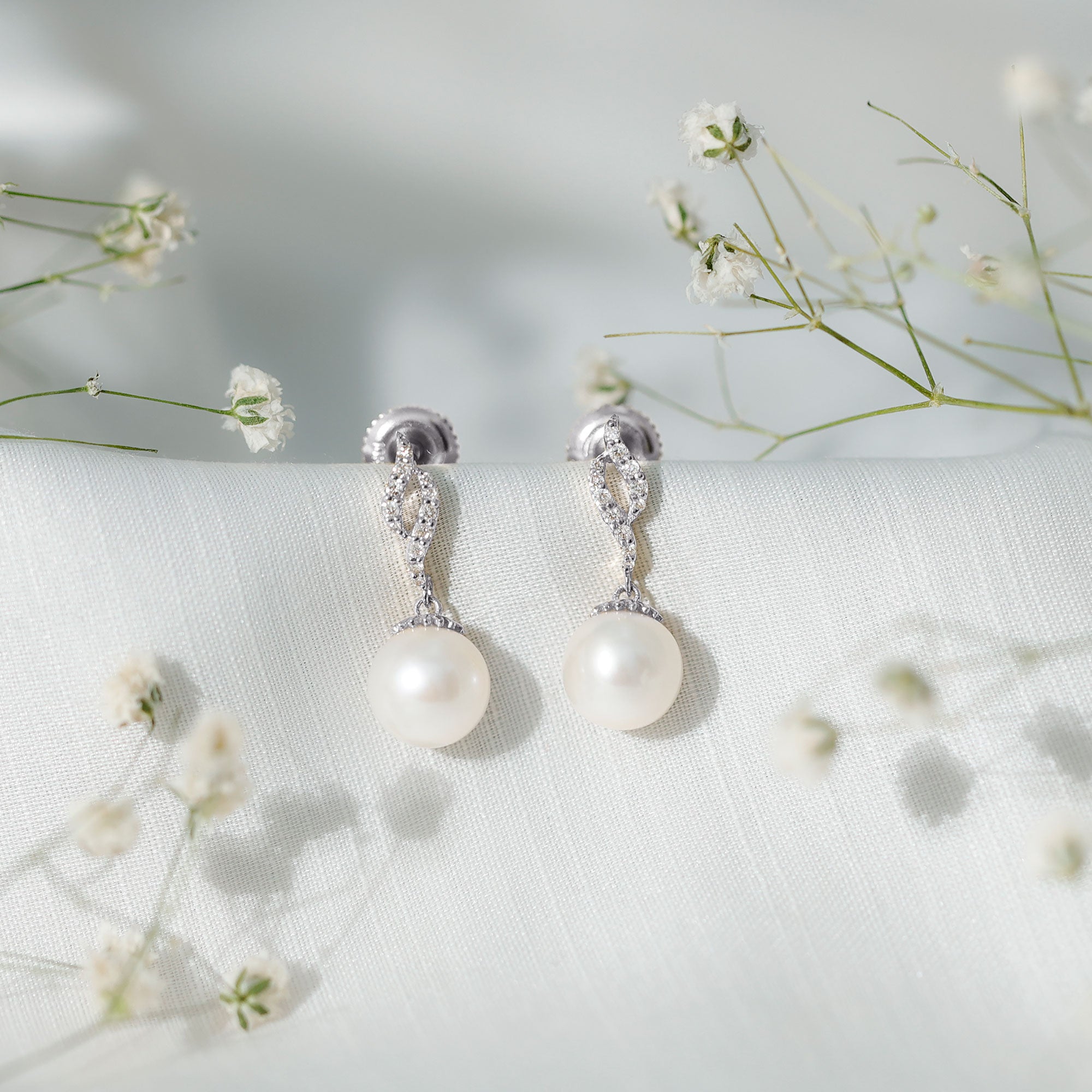 8MM Freshwater Pearl Drop Earrings with Diamond Accents AAA - Rosec Jewels