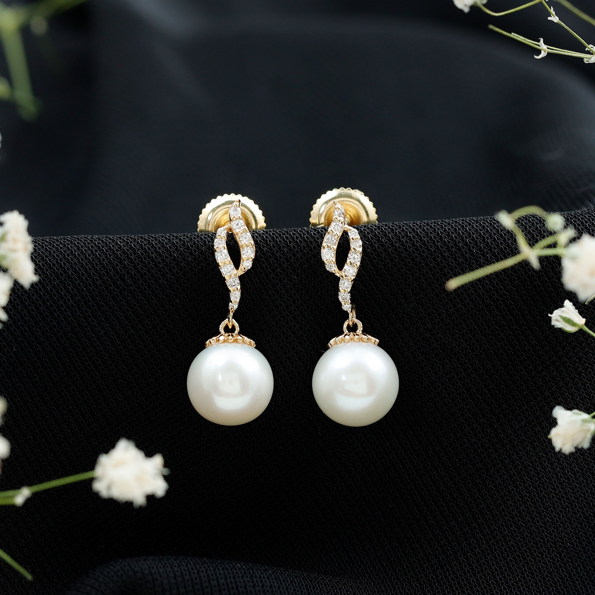 8MM Freshwater Pearl Drop Earrings with Diamond Accents AAA - Rosec Jewels