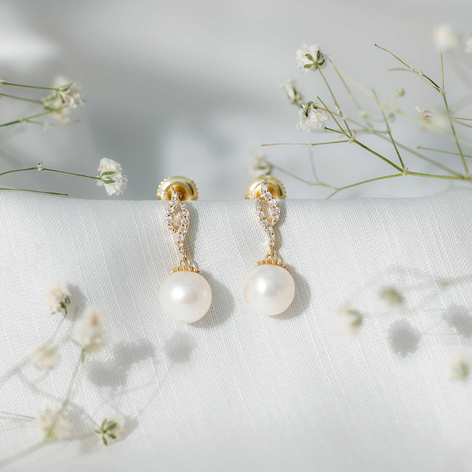 8MM Freshwater Pearl Drop Earrings with Diamond Accents AAA - Rosec Jewels