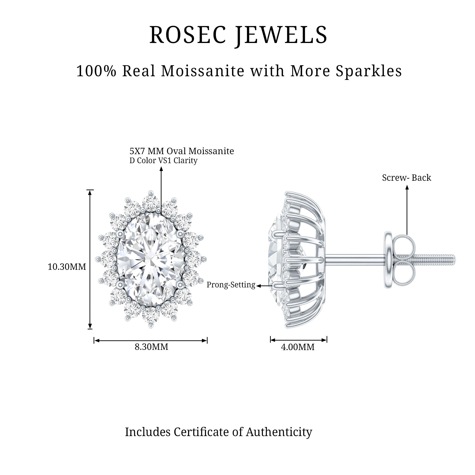 2.25 CT Oval Moissanite Classic Stud Earrings With Halo D-VS1 - Rosec Jewels