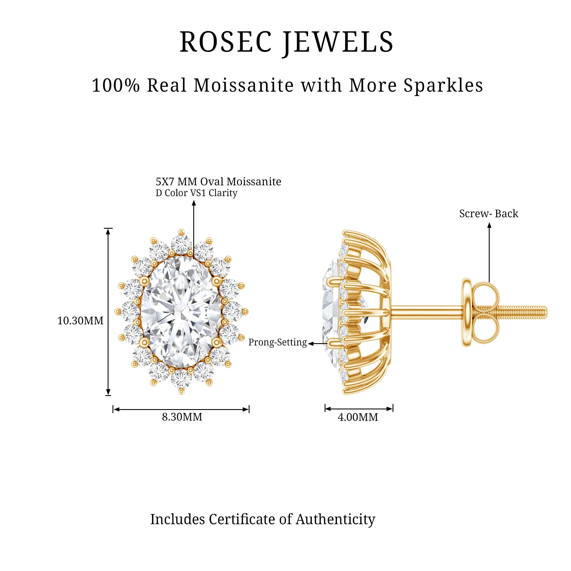 2.25 CT Oval Moissanite Classic Stud Earrings With Halo D-VS1 - Rosec Jewels