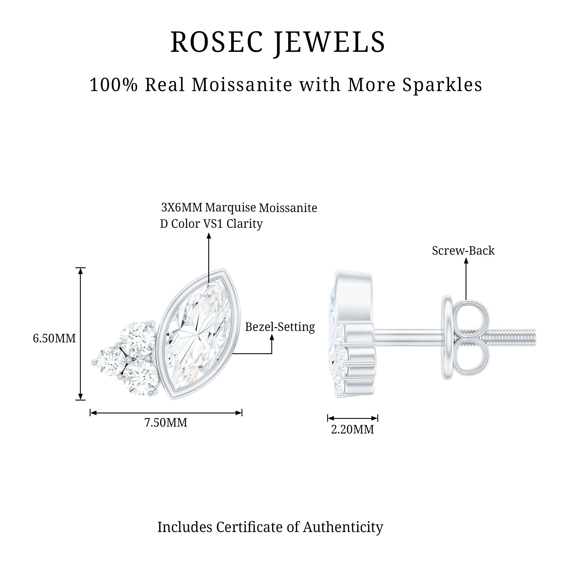 Marquise Shape Moissanite Stud Earrings with Screw Back D-VS1 - Rosec Jewels