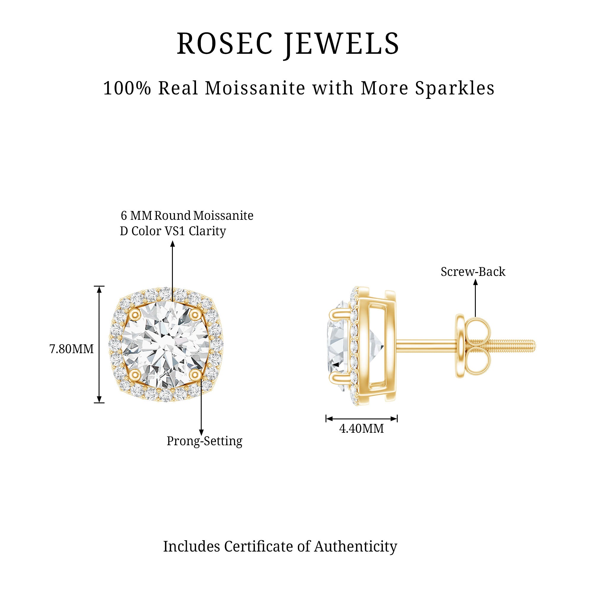 2.25 CT Round Shape Moissanite Stud Earrings with Halo D-VS1 - Rosec Jewels