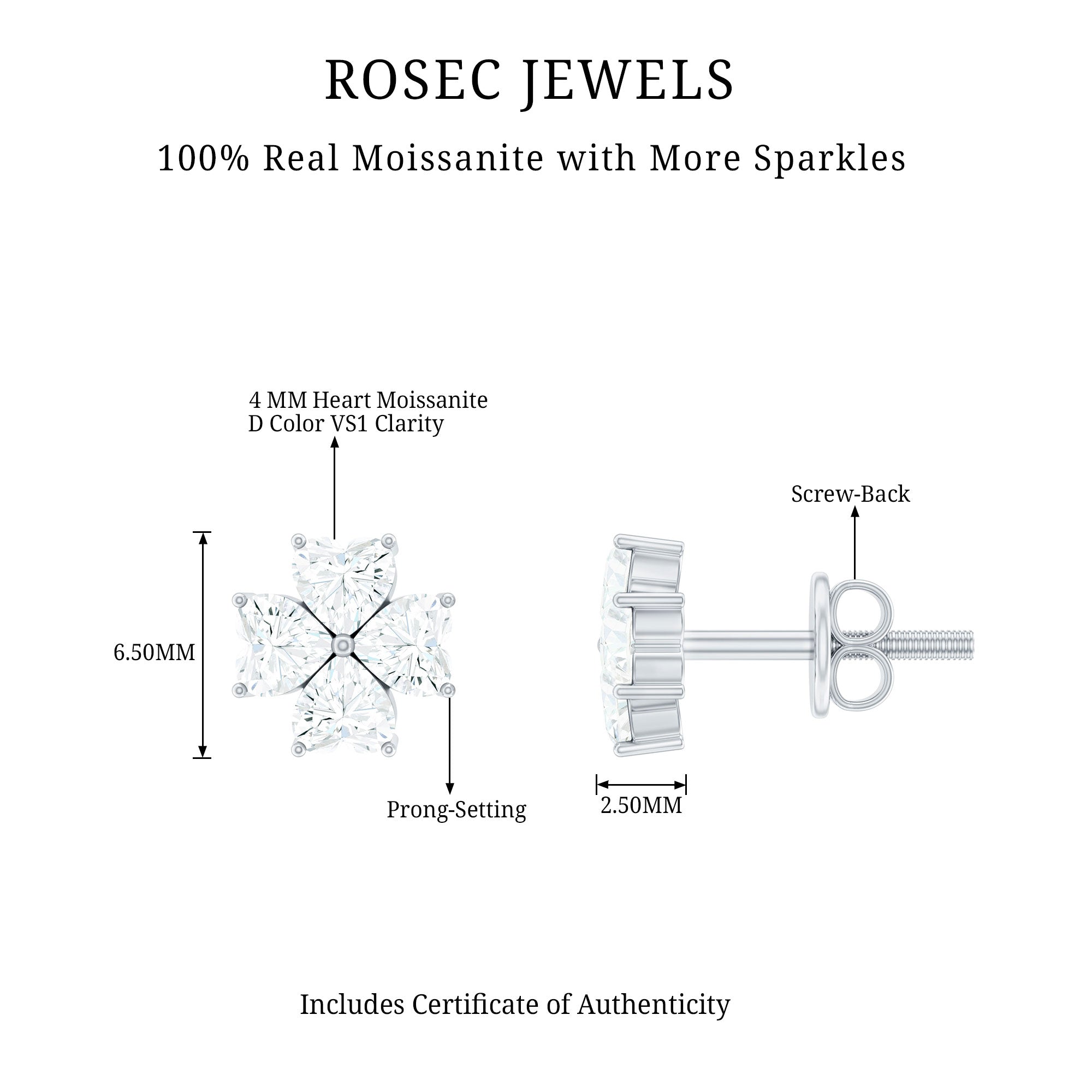 Certified Heart Shape Moissanite Flower Stud Earrings D-VS1 - Rosec Jewels