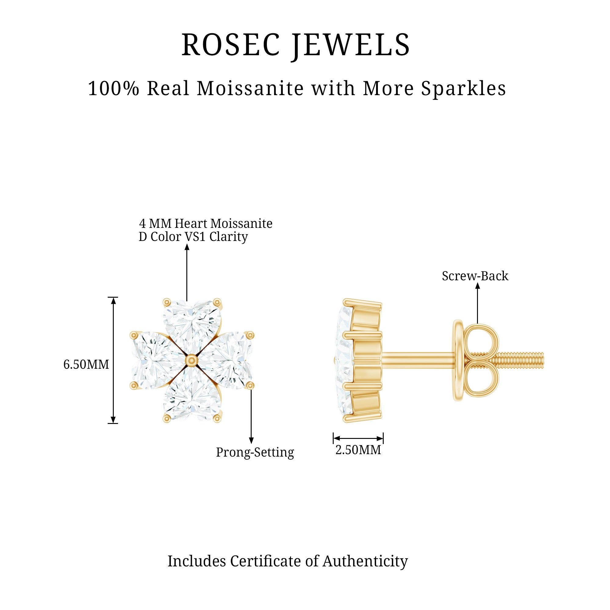 Certified Heart Shape Moissanite Flower Stud Earrings D-VS1 - Rosec Jewels