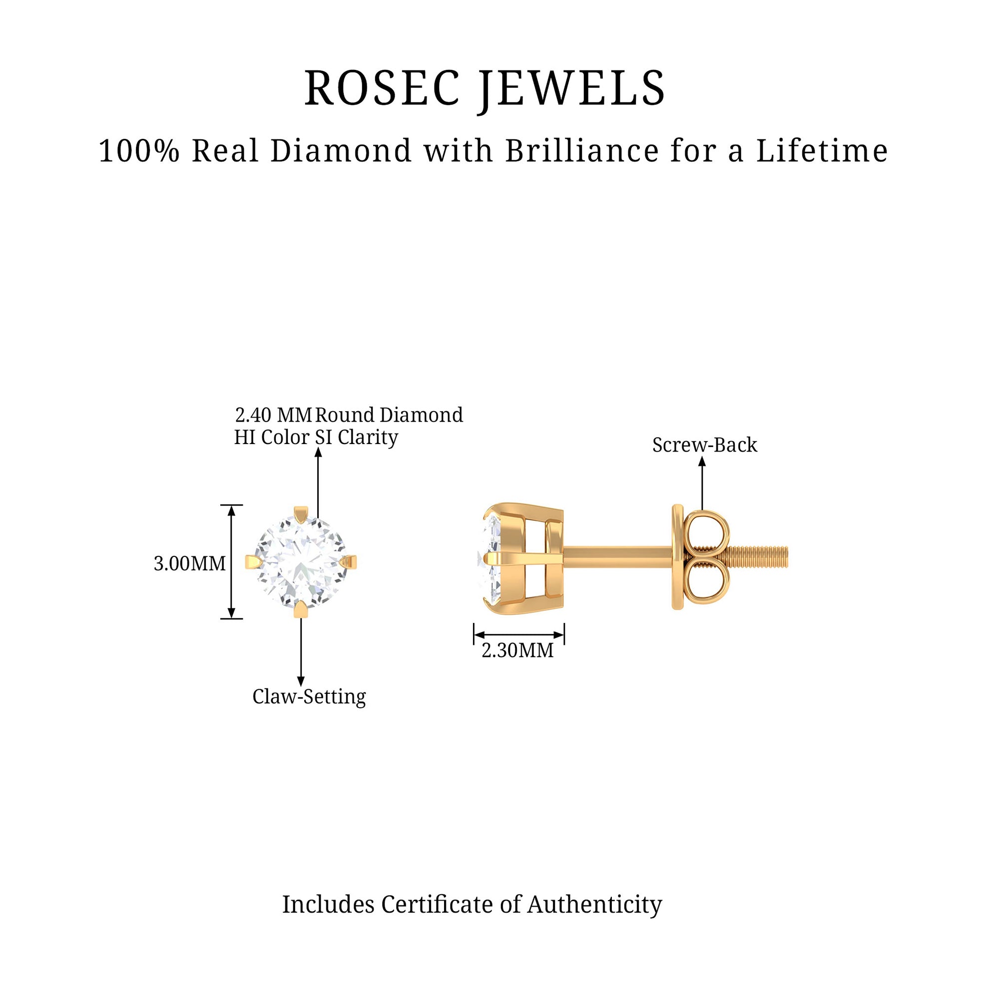 Dainty Diamond Solitaire Stud Earrings Natural - ( HI-SI ) - Rosec Jewels