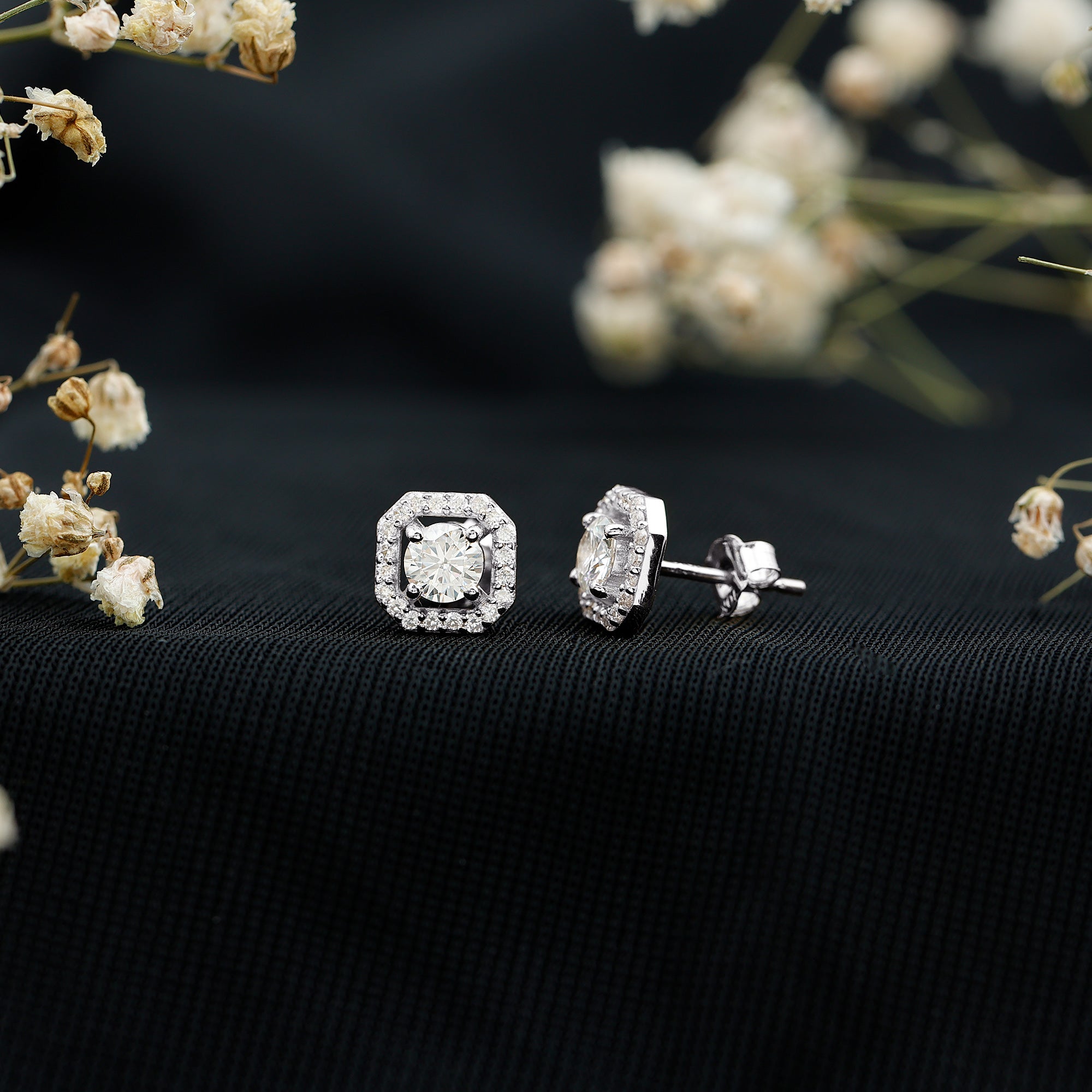 Round Cut Certified Moissanite Halo Stud Earrings with Screw Back D-VS1 - Rosec Jewels