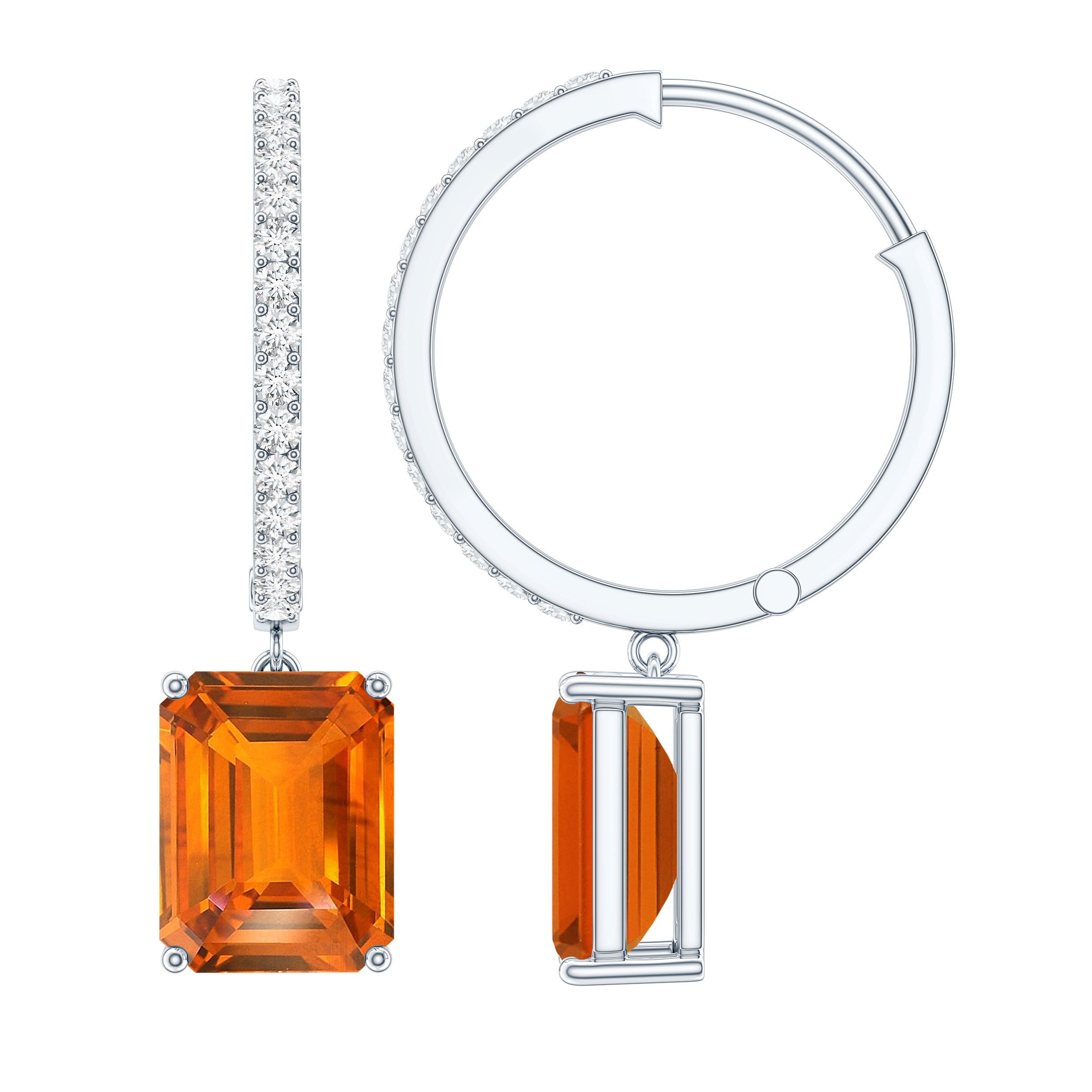 Emerald Cut Lab Grown Orange Sapphire Drop Hoop Earrings with Diamond AAAA - Rosec Jewels