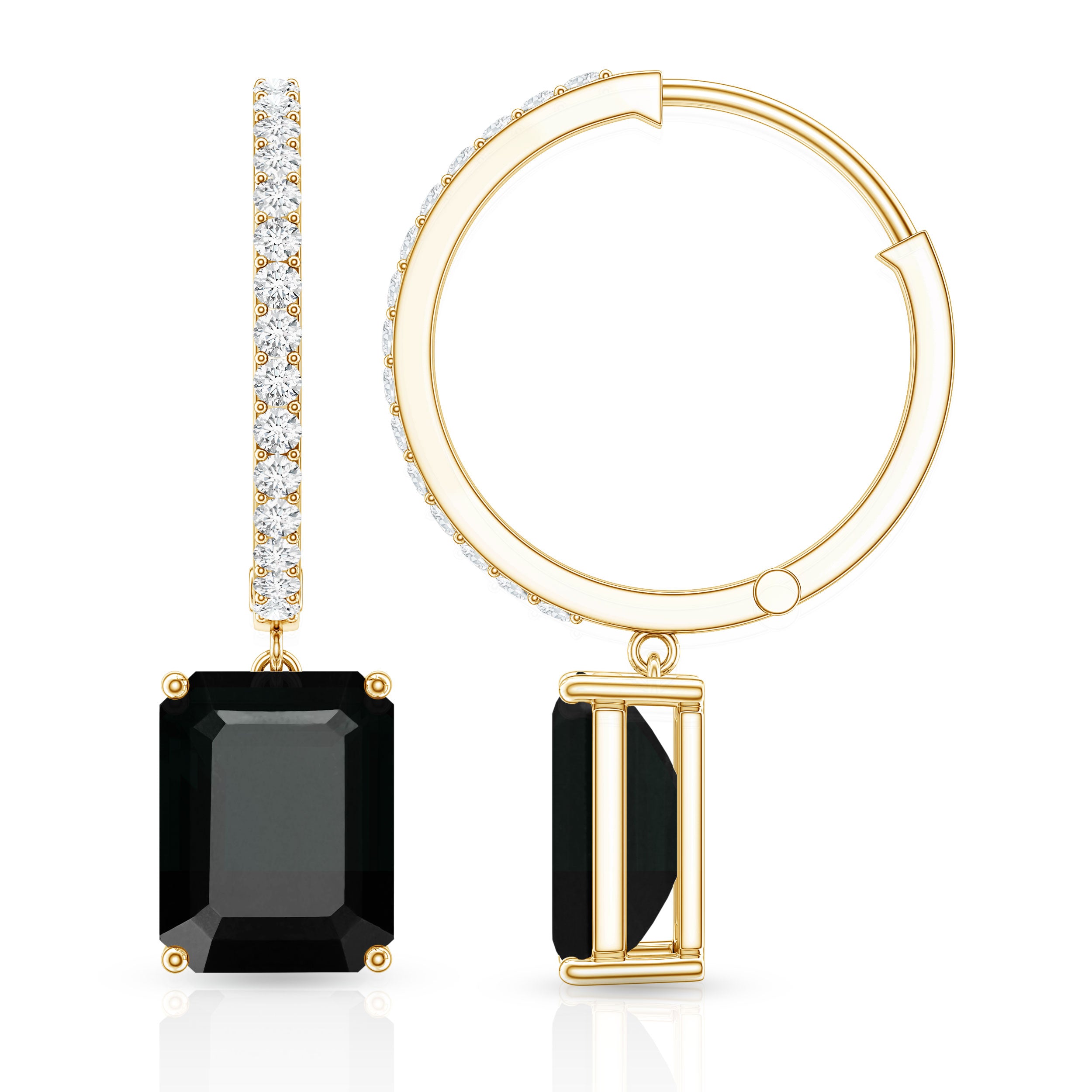 Natural 7X9mm Emerald Cut Black Onyx Hoop Drop Earrings with Diamond AAA - Rosec Jewels