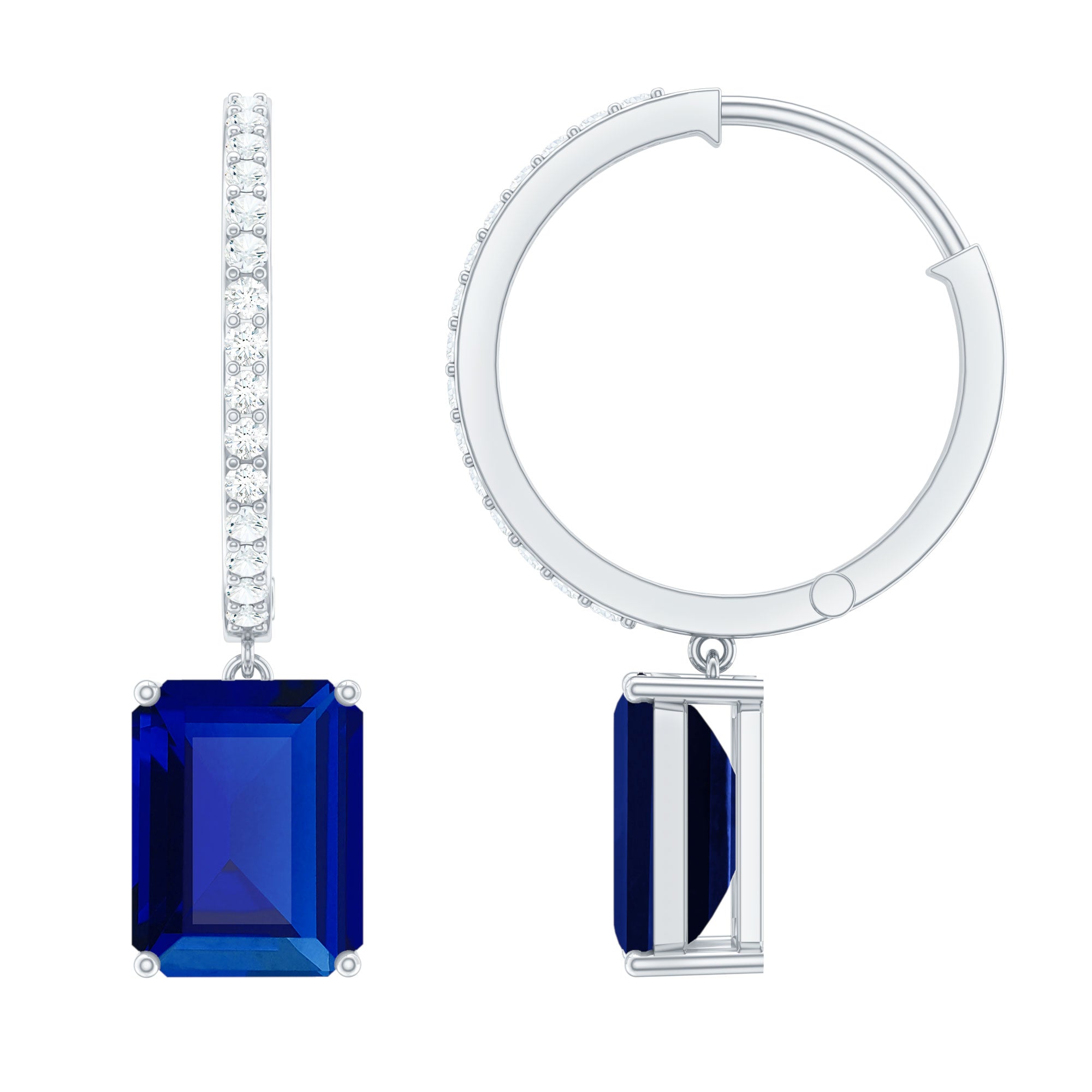 Emerald Cut Lab Created Blue Sapphire and Diamond Hoop Drop Earrings