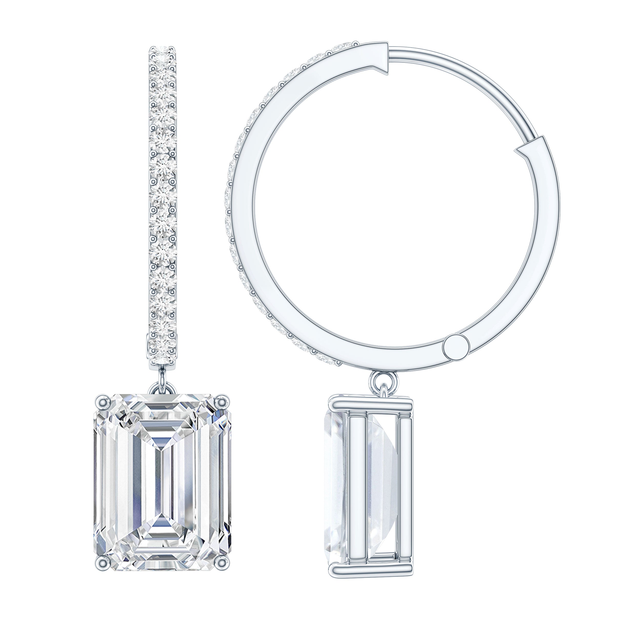 Certified 2.8 Carat Emerald Cut Moissanite Drop Hoop Earrings D-VS1 - Rosec Jewels