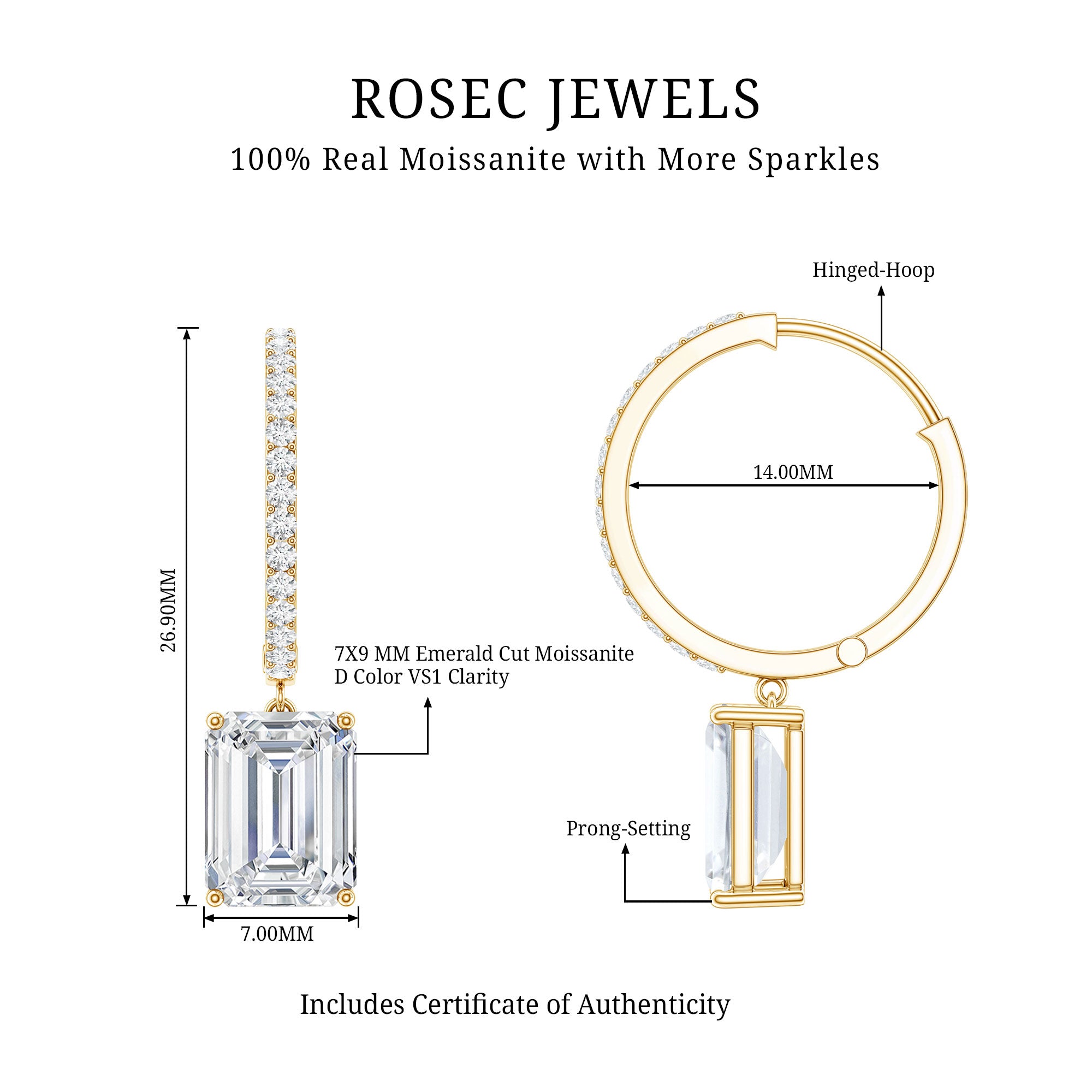 Certified 2.8 Carat Emerald Cut Moissanite Drop Hoop Earrings D-VS1 - Rosec Jewels