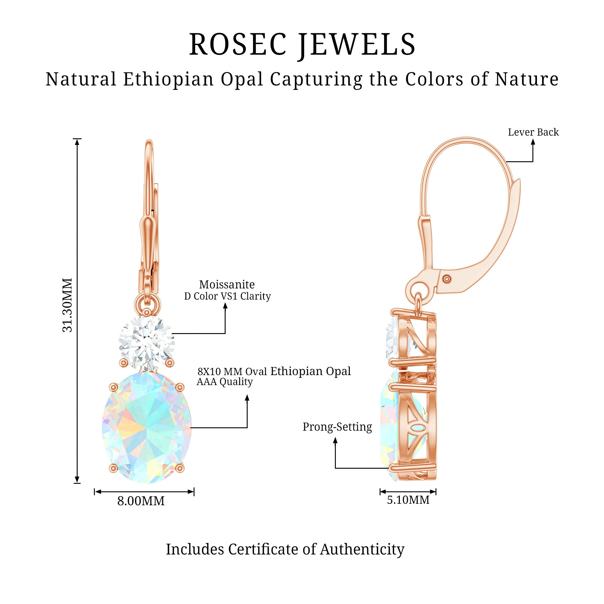 Certified Real 2.6 Carat Oval Ethiopian Opal Drop Earrings with Moissanite AAA - Rosec Jewels