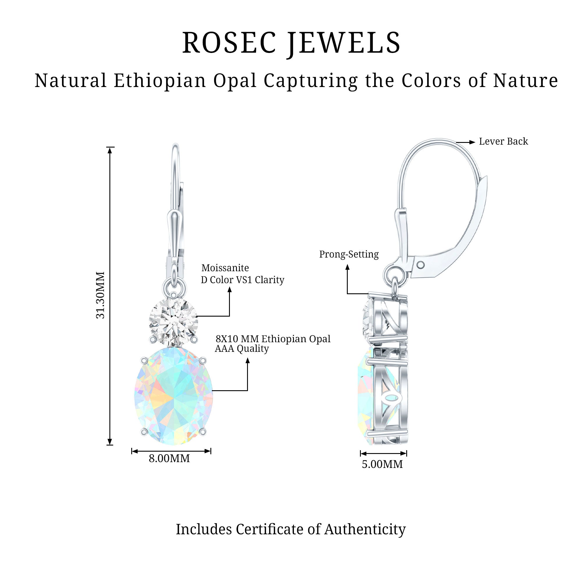 Certified Real 2.6 Carat Oval Ethiopian Opal Drop Earrings with Moissanite AAA - Rosec Jewels