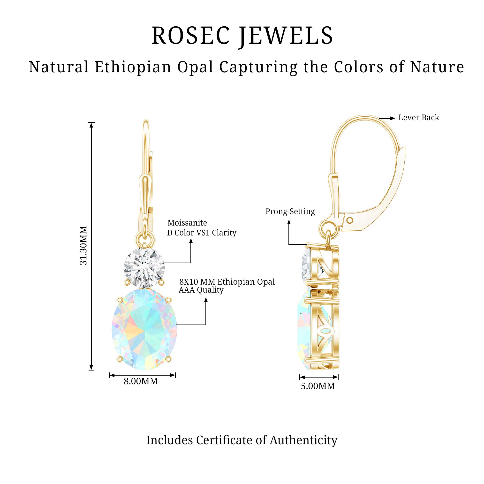 Certified Real 2.6 Carat Oval Ethiopian Opal Drop Earrings with Moissanite AAA - Rosec Jewels