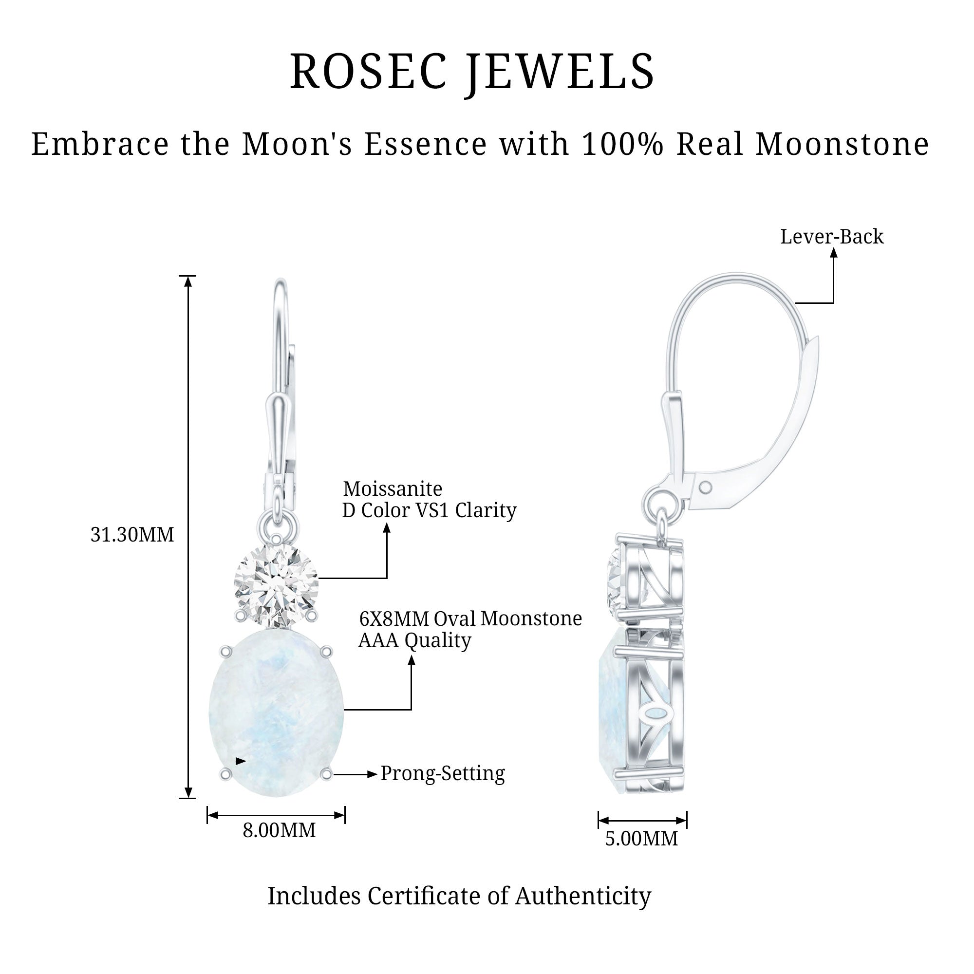 Natural 1.2 Carat Oval Moonstone Drop Earrings with Moissanite AAA - Rosec Jewels