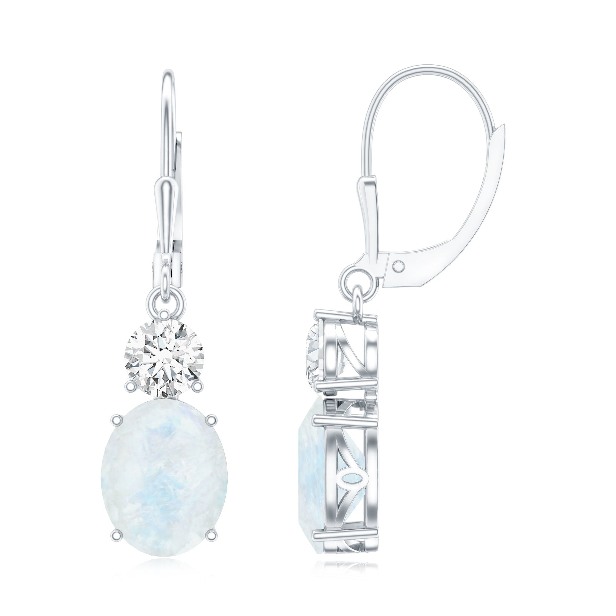 Natural 1.2 Carat Oval Moonstone Drop Earrings with Moissanite AAA - Rosec Jewels