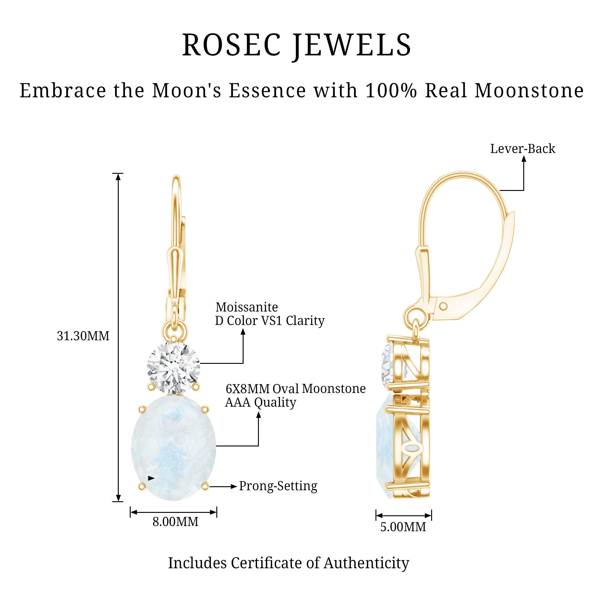 Natural 1.2 Carat Oval Moonstone Drop Earrings with Moissanite AAA - Rosec Jewels