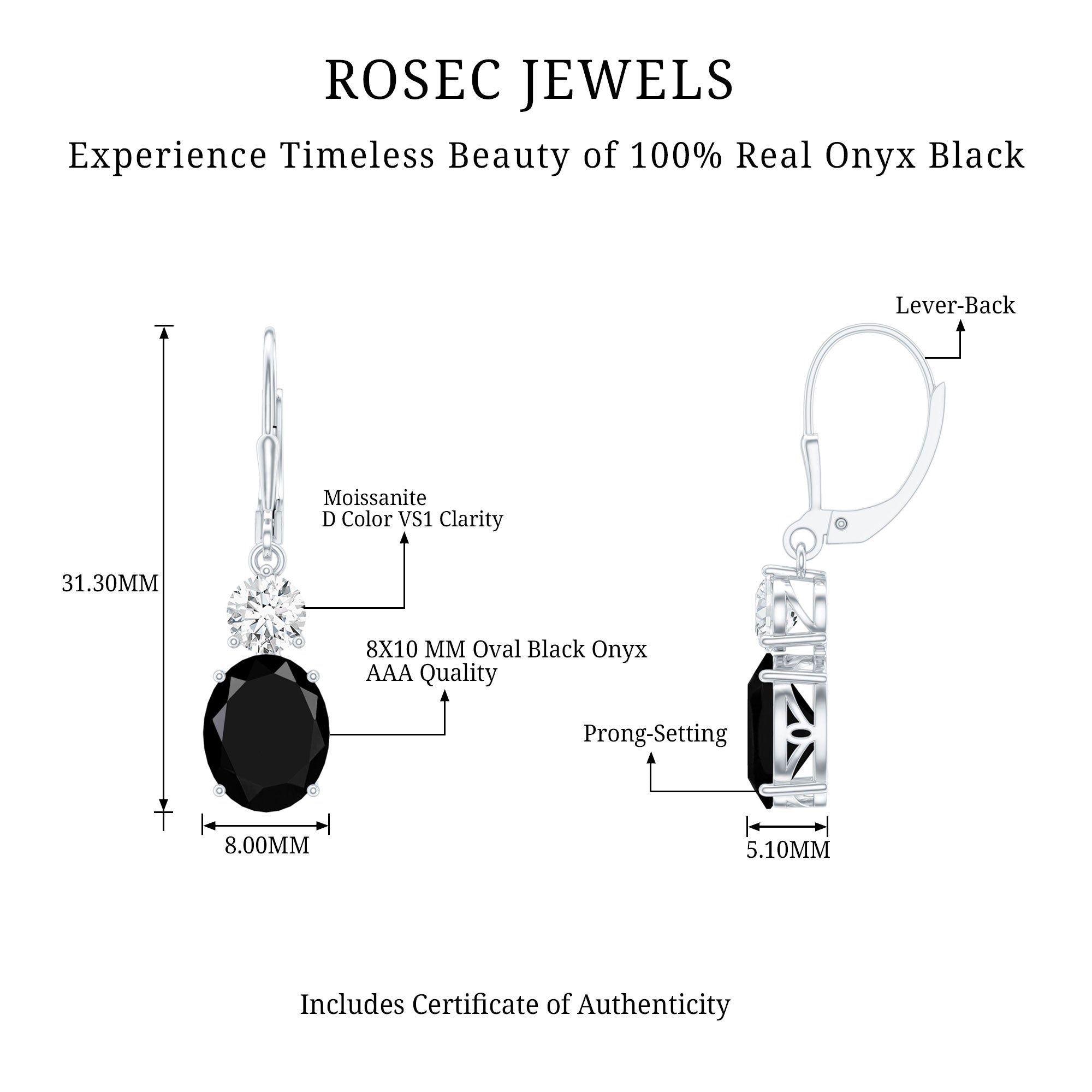 Natural 8X10mm Oval Black Onyx Drop Earrings with Lever Back AAA - Rosec Jewels