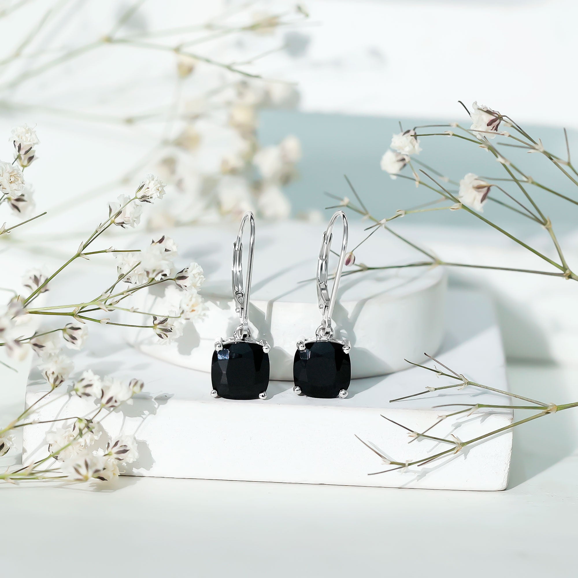 Genuine 8mm Cushion Cut Black Spinel Drop Earrings Lever Back AAA - Rosec Jewels