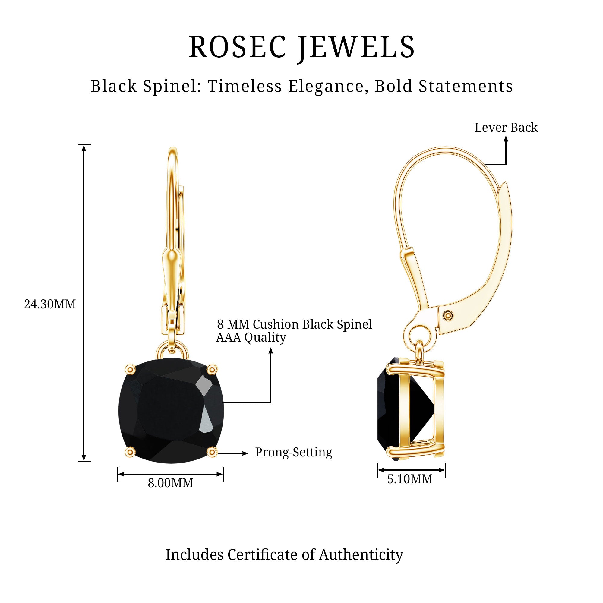 Genuine 8mm Cushion Cut Black Spinel Drop Earrings Lever Back AAA - Rosec Jewels