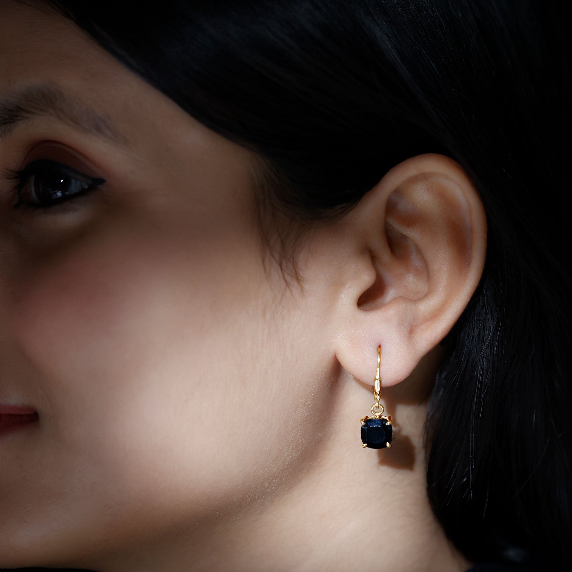 Genuine 8mm Cushion Cut Black Spinel Drop Earrings Lever Back AAA - Rosec Jewels