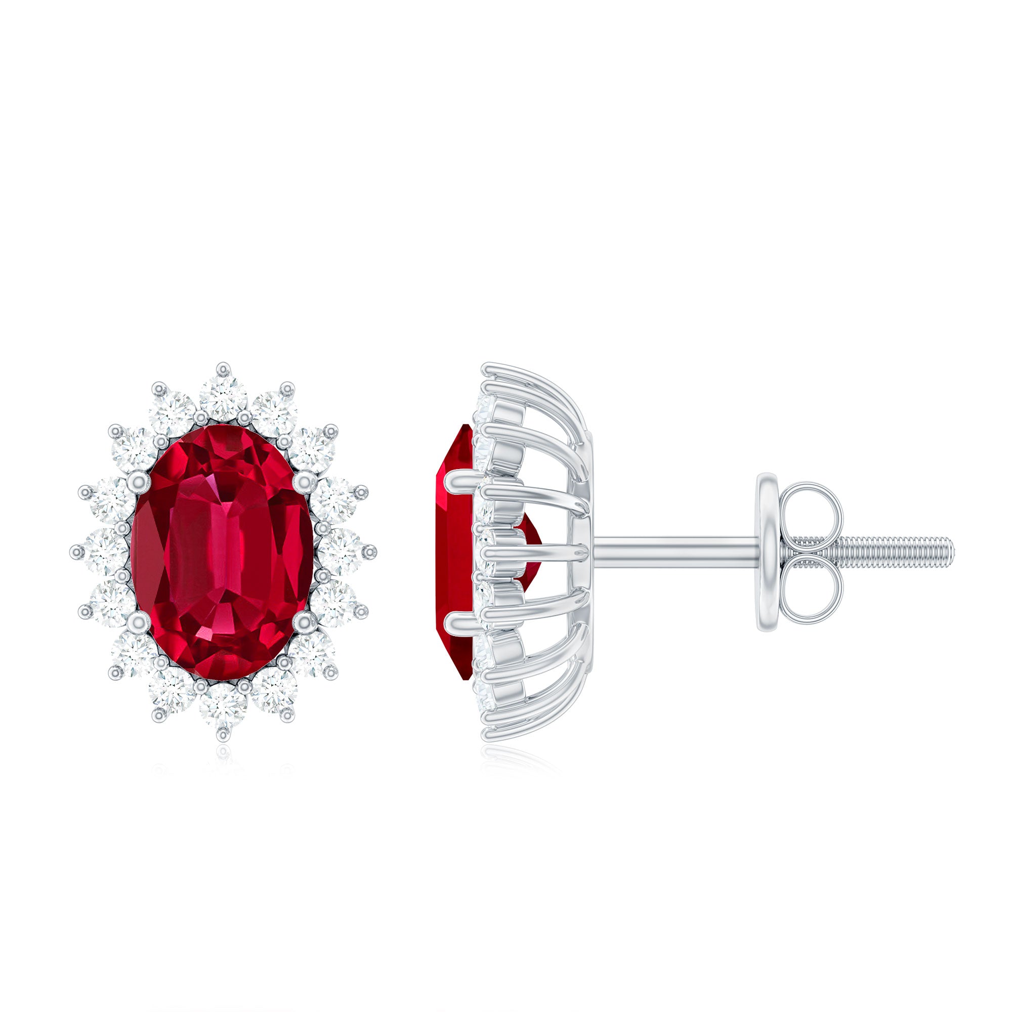 Oval Cut 5X7 MM Lab Grown Ruby Stud Earrings with Moissanite Halo