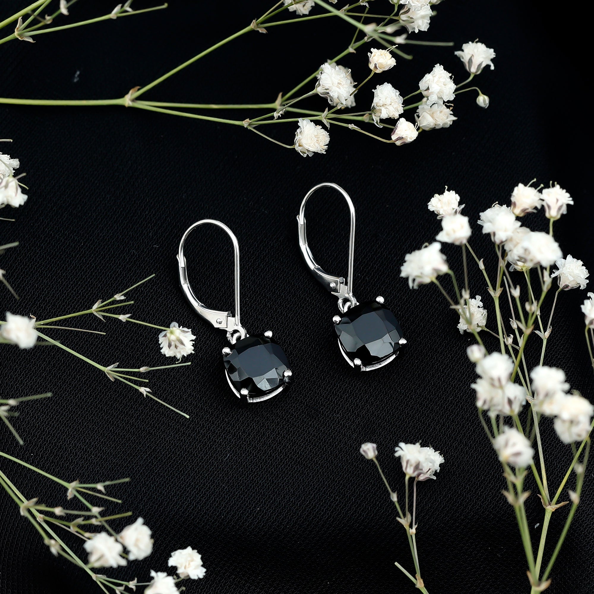 Black Onyx Solitaire Drop Lever Back Earrings AAA - Rosec Jewels