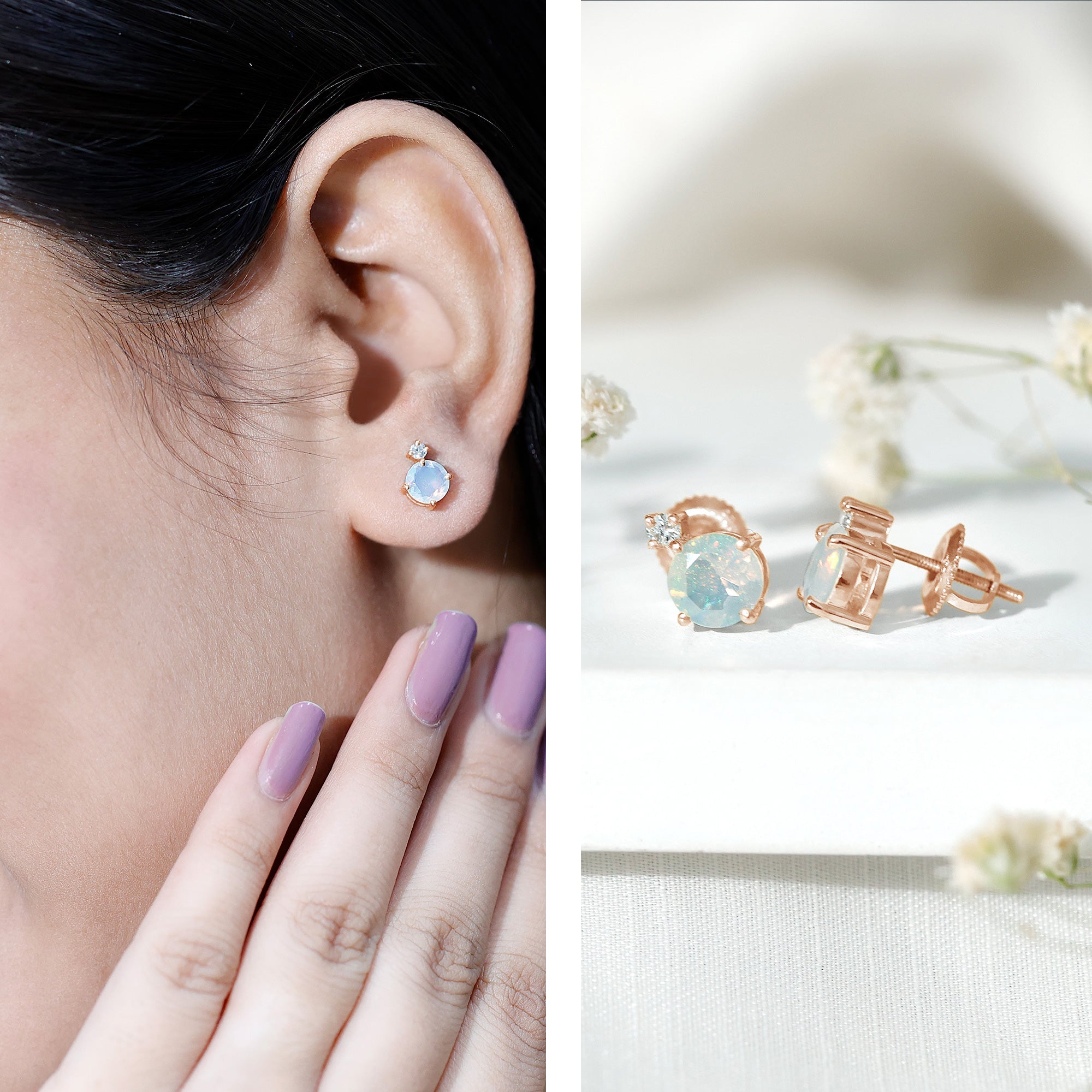 Ethiopian Opal Diamond Solitaire Stud Earrings AAA - Rosec Jewels
