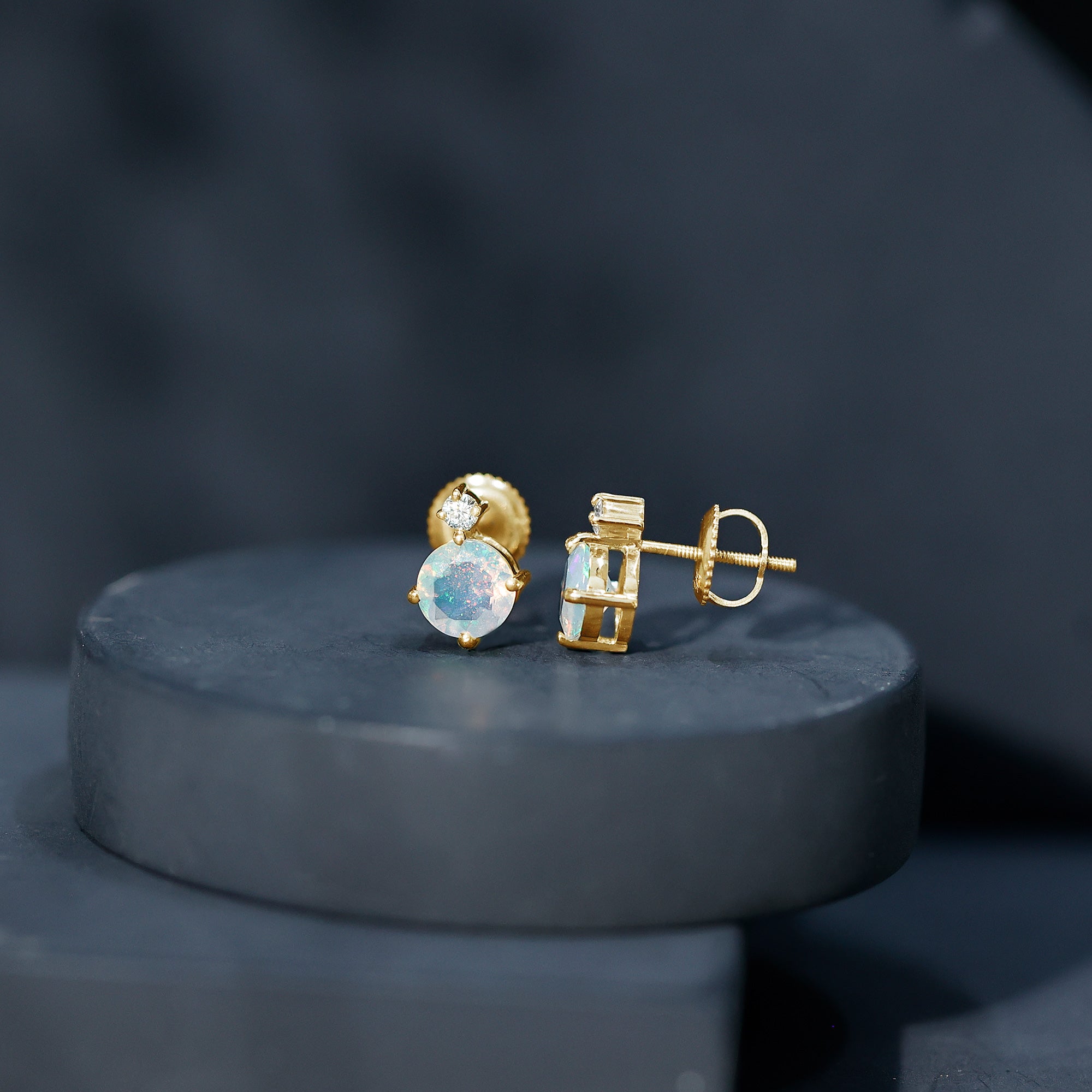 Ethiopian Opal Diamond Solitaire Stud Earrings AAA - Rosec Jewels