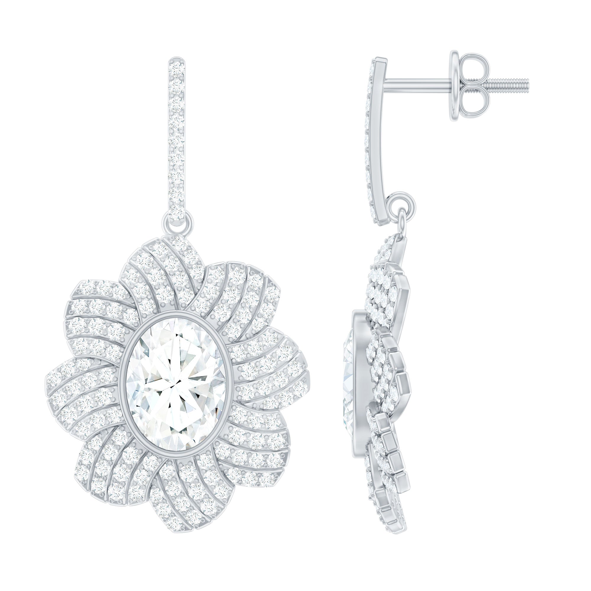 Bezel Set 6X8 MM Oval Moissanite Flower Drop Earrings