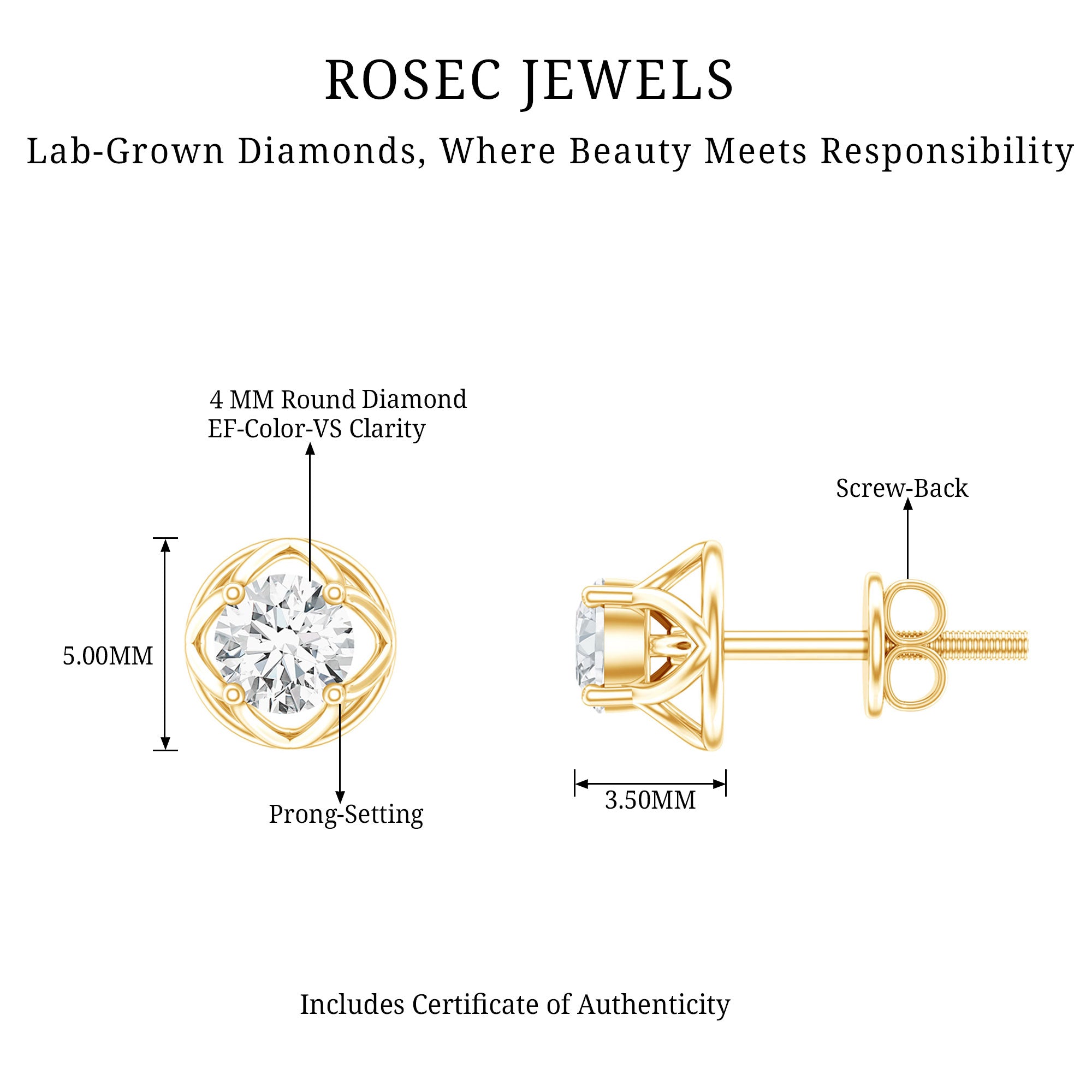 Round Diamond Solitaire Stud Earrings with Screw Back Lab - ( EF-VS ) - Rosec Jewels