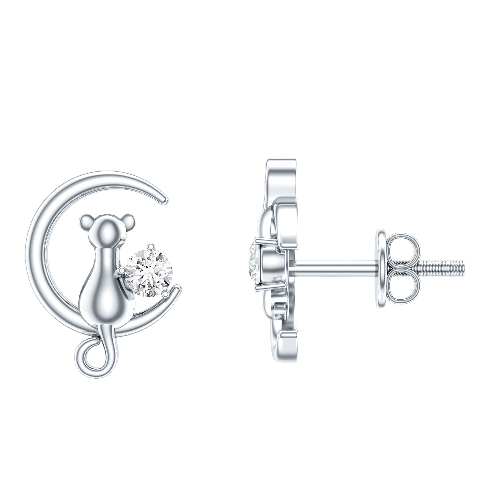 Diamond Cat Moon Stud Earrings for Women Lab - ( EF-VS ) - Rosec Jewels