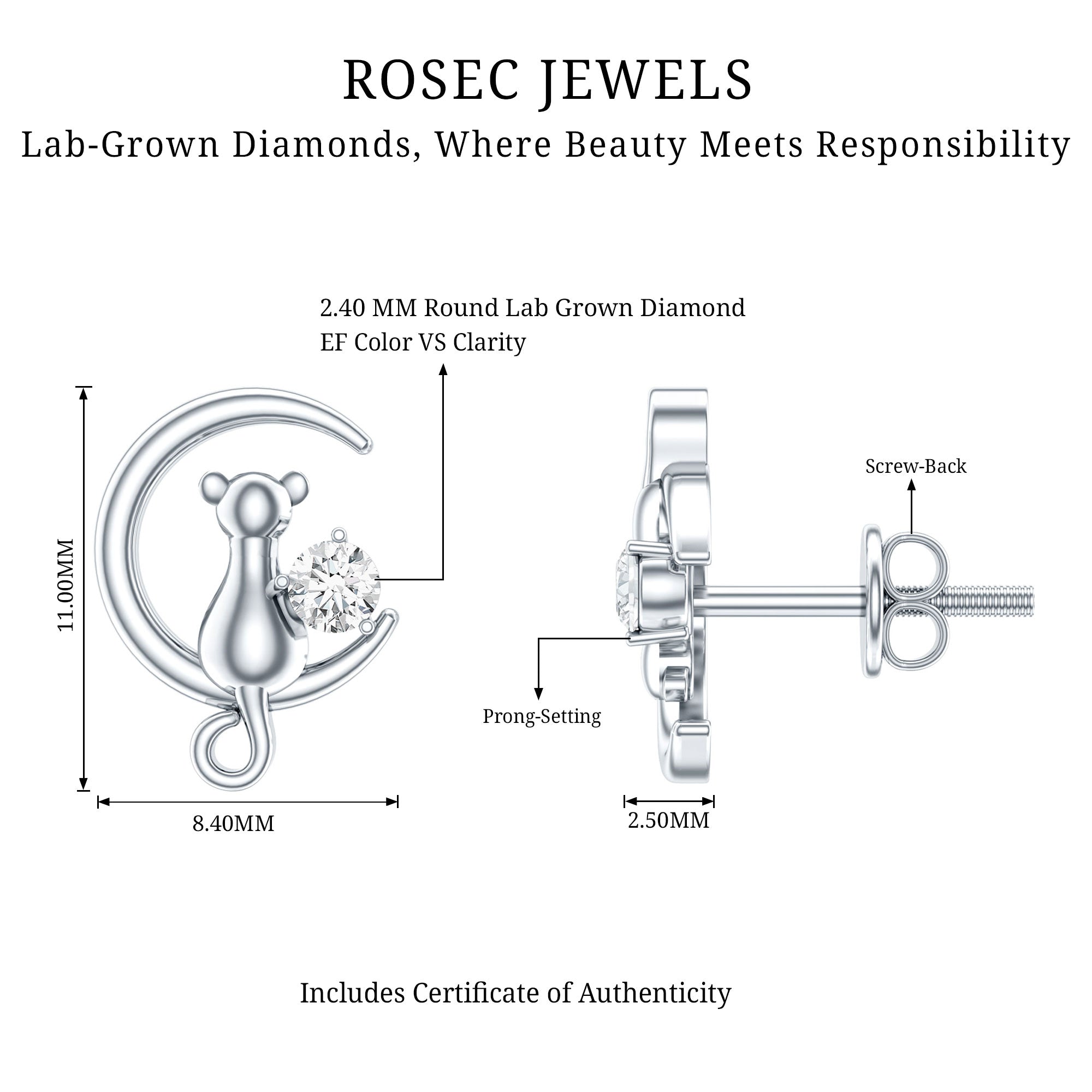 Diamond Cat Moon Stud Earrings for Women Lab - ( EF-VS ) - Rosec Jewels