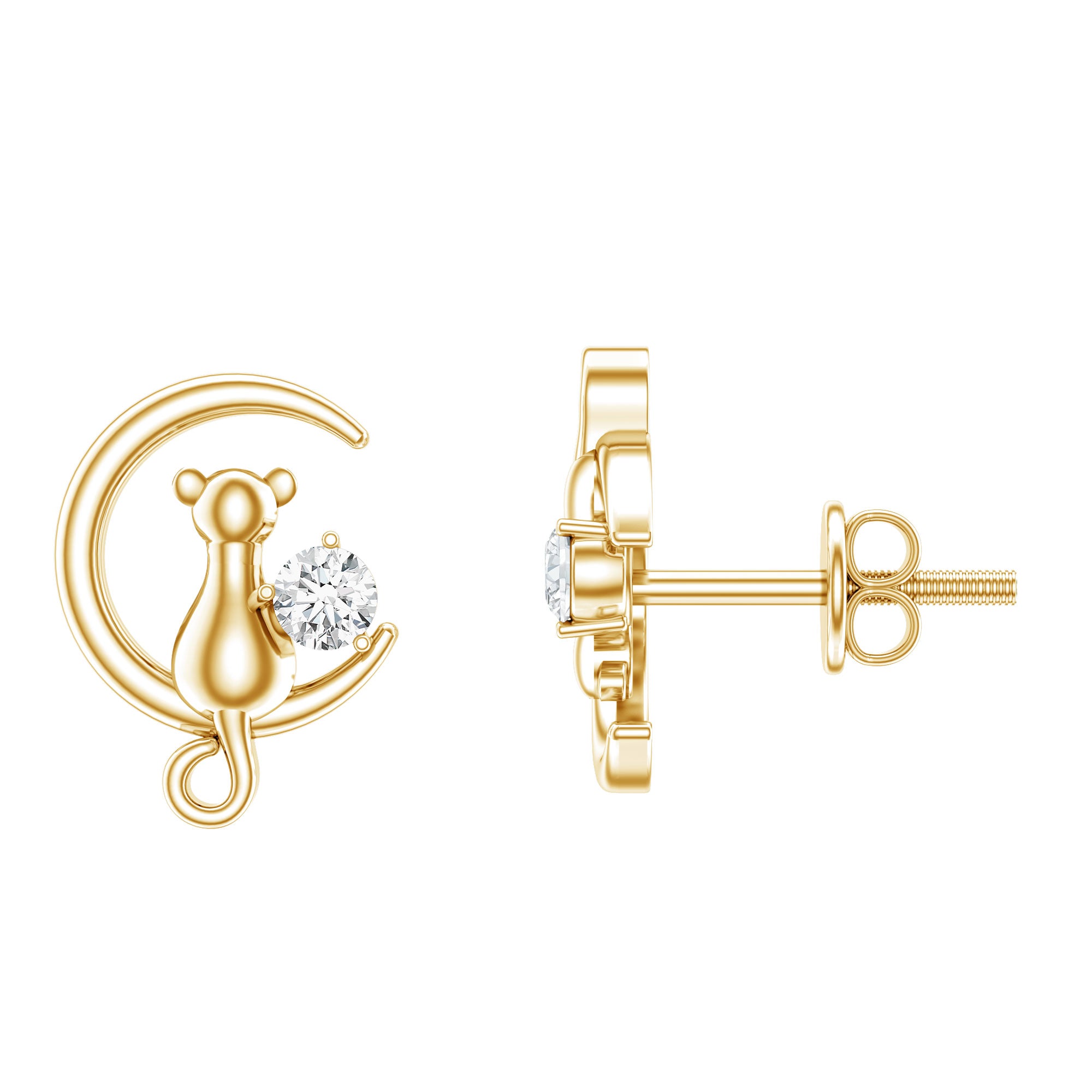 Diamond Cat Moon Stud Earrings for Women Lab - ( EF-VS ) - Rosec Jewels