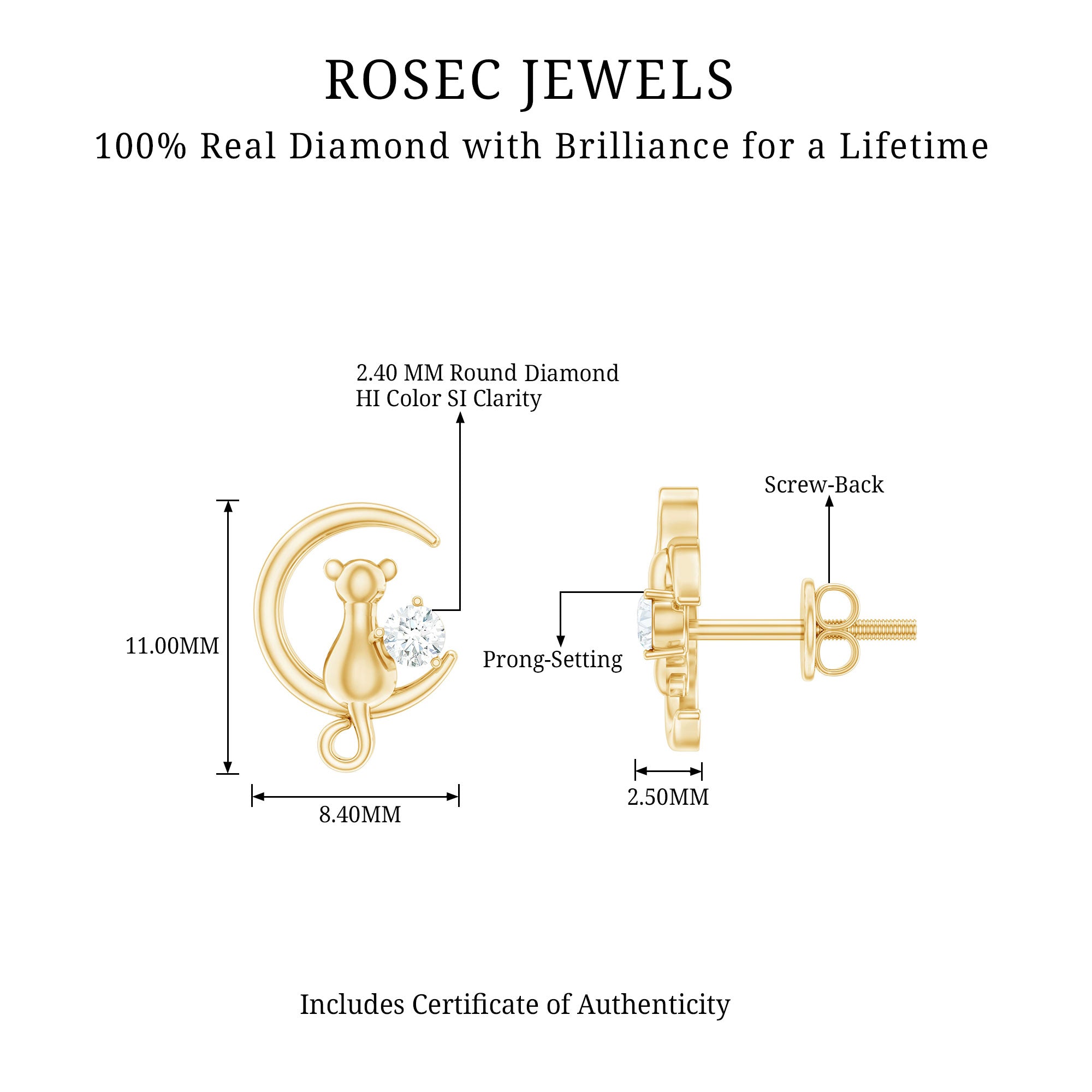 Rosec Jewels-Cat Moon Stud Earrings for Women with Diamond