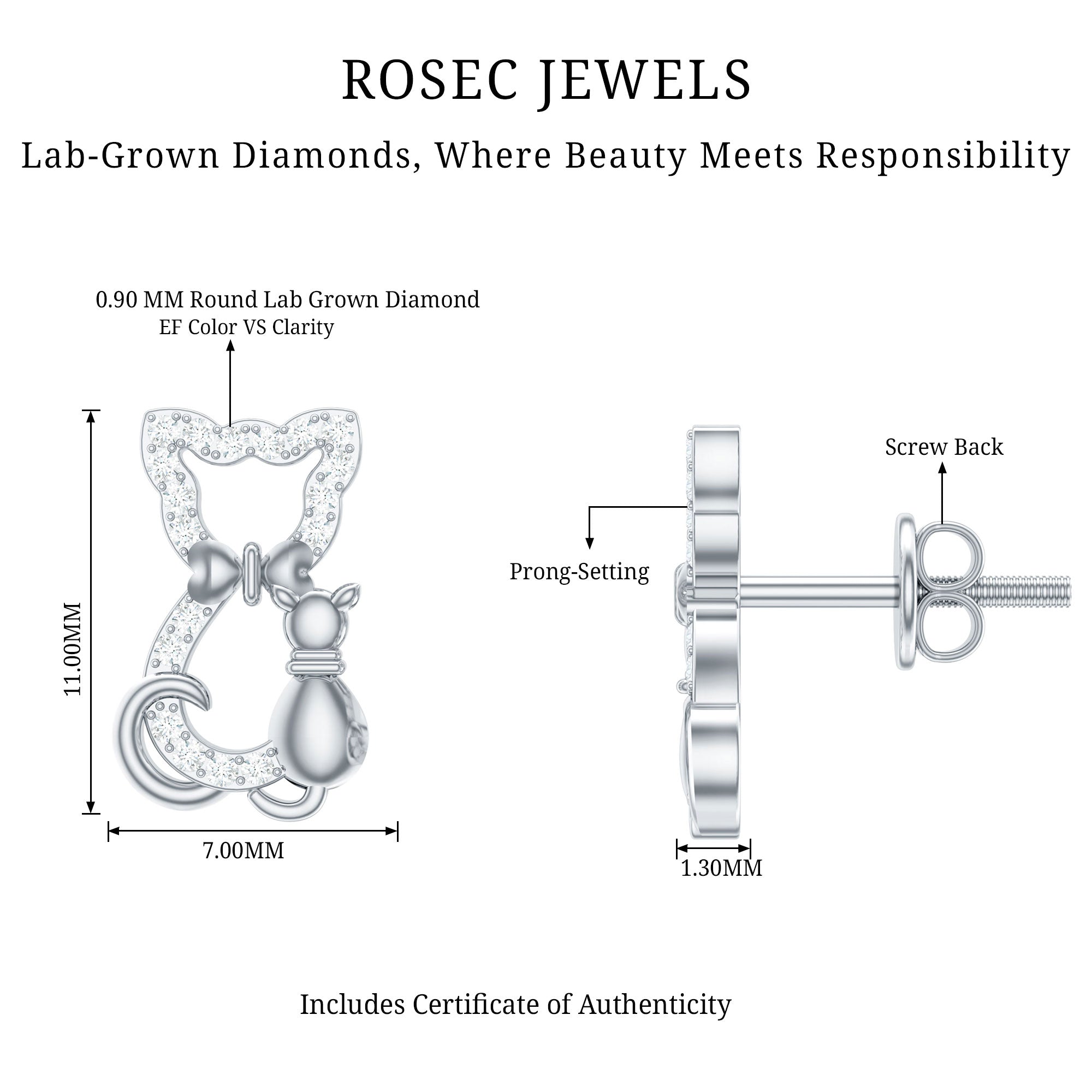 Certified Diamond Cat Stud Earrings Lab - ( EF-VS ) - Rosec Jewels