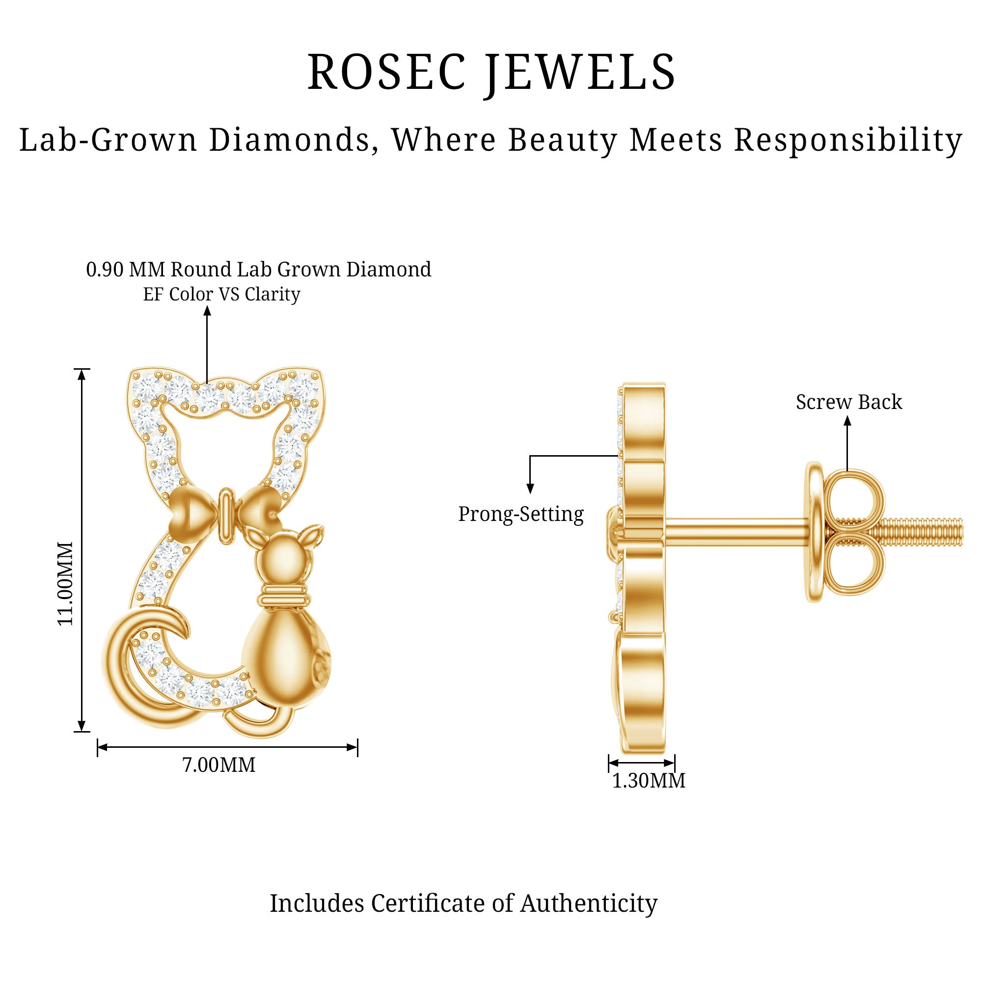 Certified Diamond Cat Stud Earrings Lab - ( EF-VS ) - Rosec Jewels