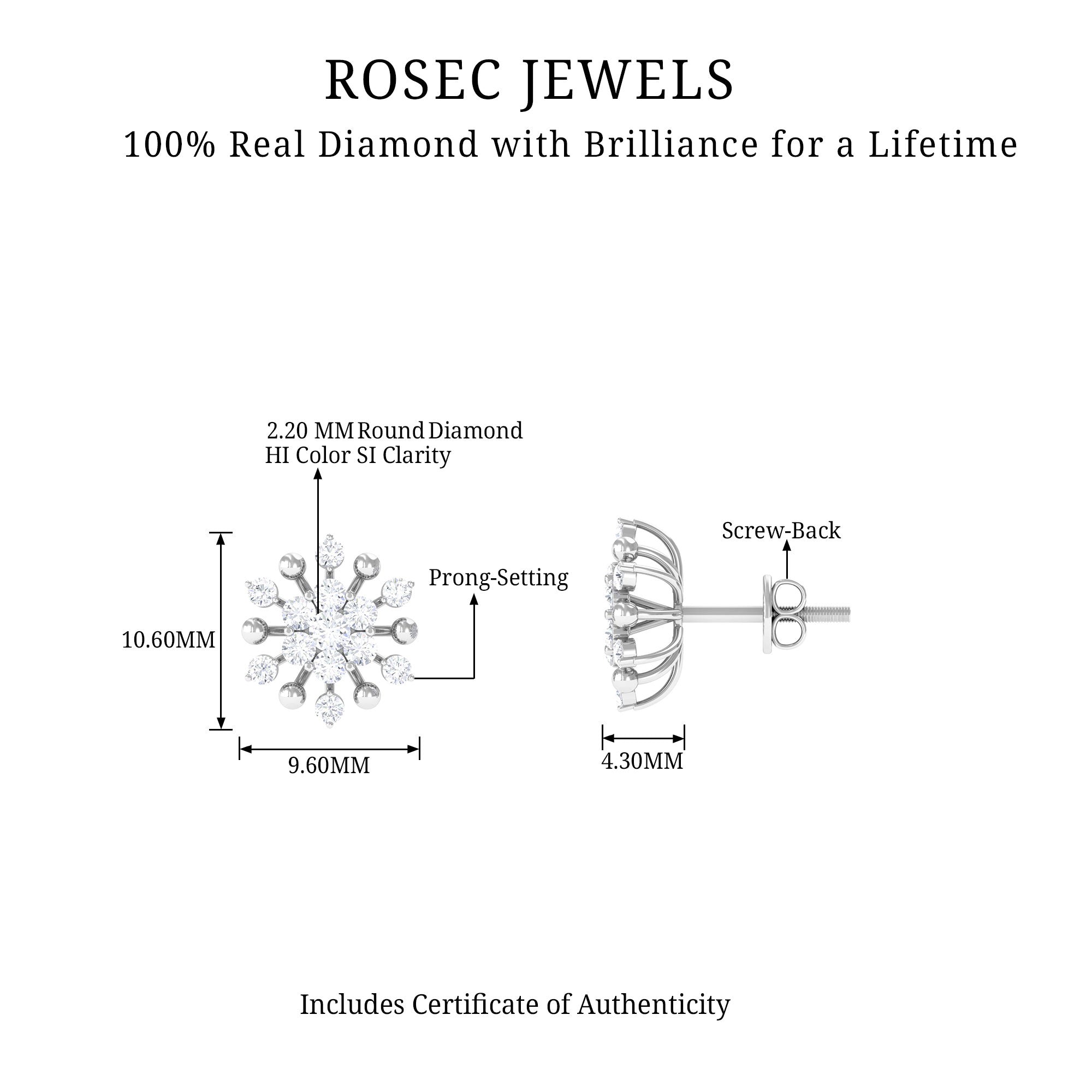Diamond Cluster Stud Earrings Lab - ( EF-VS ) - Rosec Jewels