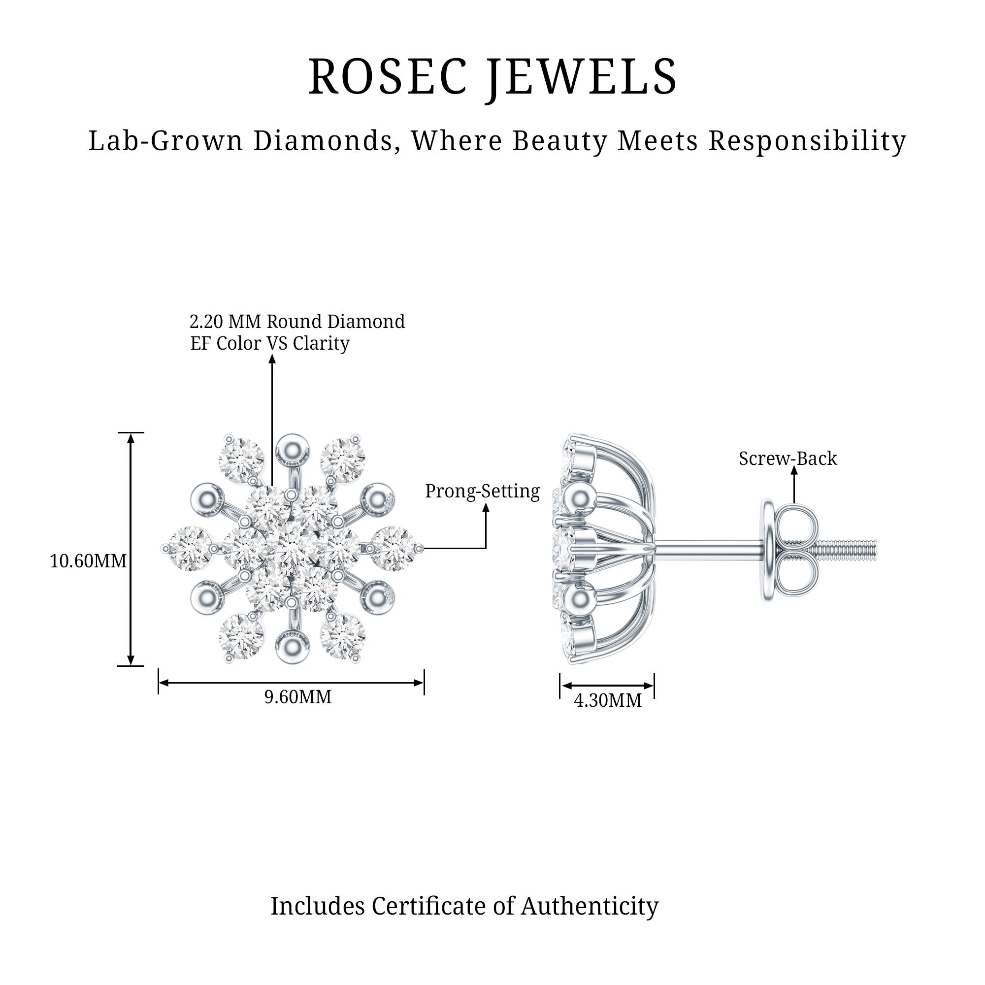 Diamond Cluster Stud Earrings Lab - ( EF-VS ) - Rosec Jewels